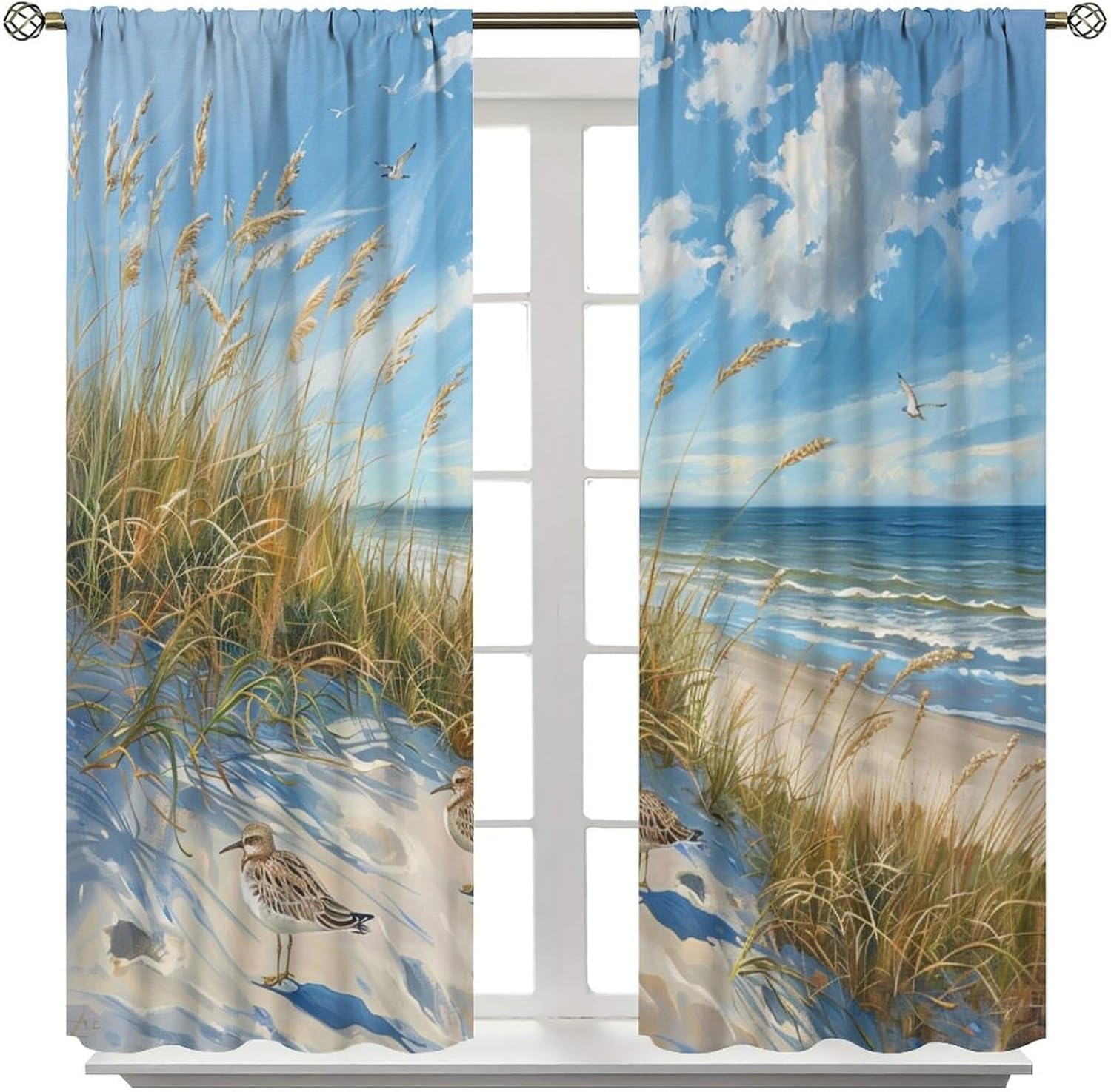 Watercolor Botanical Coastal Blackout Curtains for Living Room Bedroom, Bird Beach Landscape Window Curtains Rod Pocket Thermal Insulated Window Drapes, 2 Panels, Each 21" W x 45" L