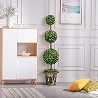 Vista 3 de GORELAX Árbol artificial de boj de 4 pies, bolas triples Topiary en maceta de plástico rellena de cemento, plantas sintéticas para porche delantero