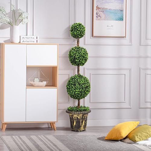 Miniatura 3 de GORELAX Árbol artificial de boj de 4 pies, bolas triples Topiary en maceta de plástico rellena de cemento, plantas sintéticas para porche delantero,