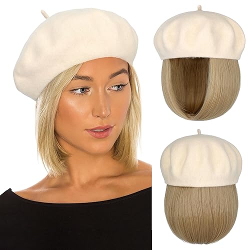 Gorro de boina con extensiones de cabello, sombrero clásico de lana francesa adjunta, 12 pulgadas, lacio, corto, Bob sintético, para mujer, marrón