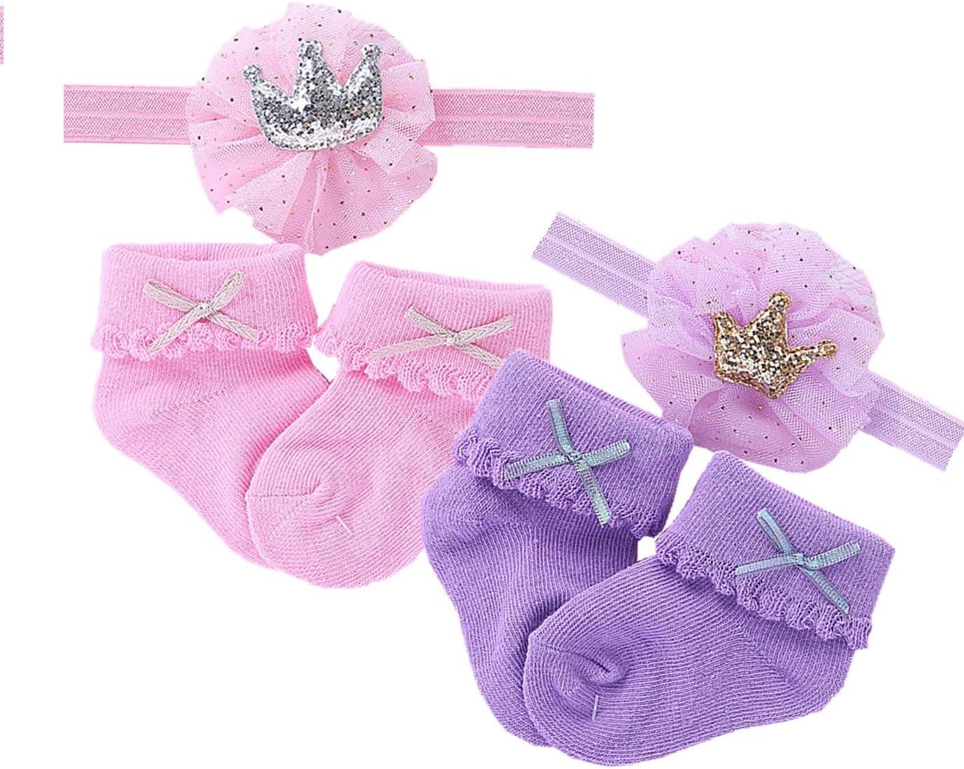 2 Sets Baby Doll Accessories Socks and Hairband,Pink Sets and Purple Sets for 18-24 inch Reborn Newborn Baby Dolls