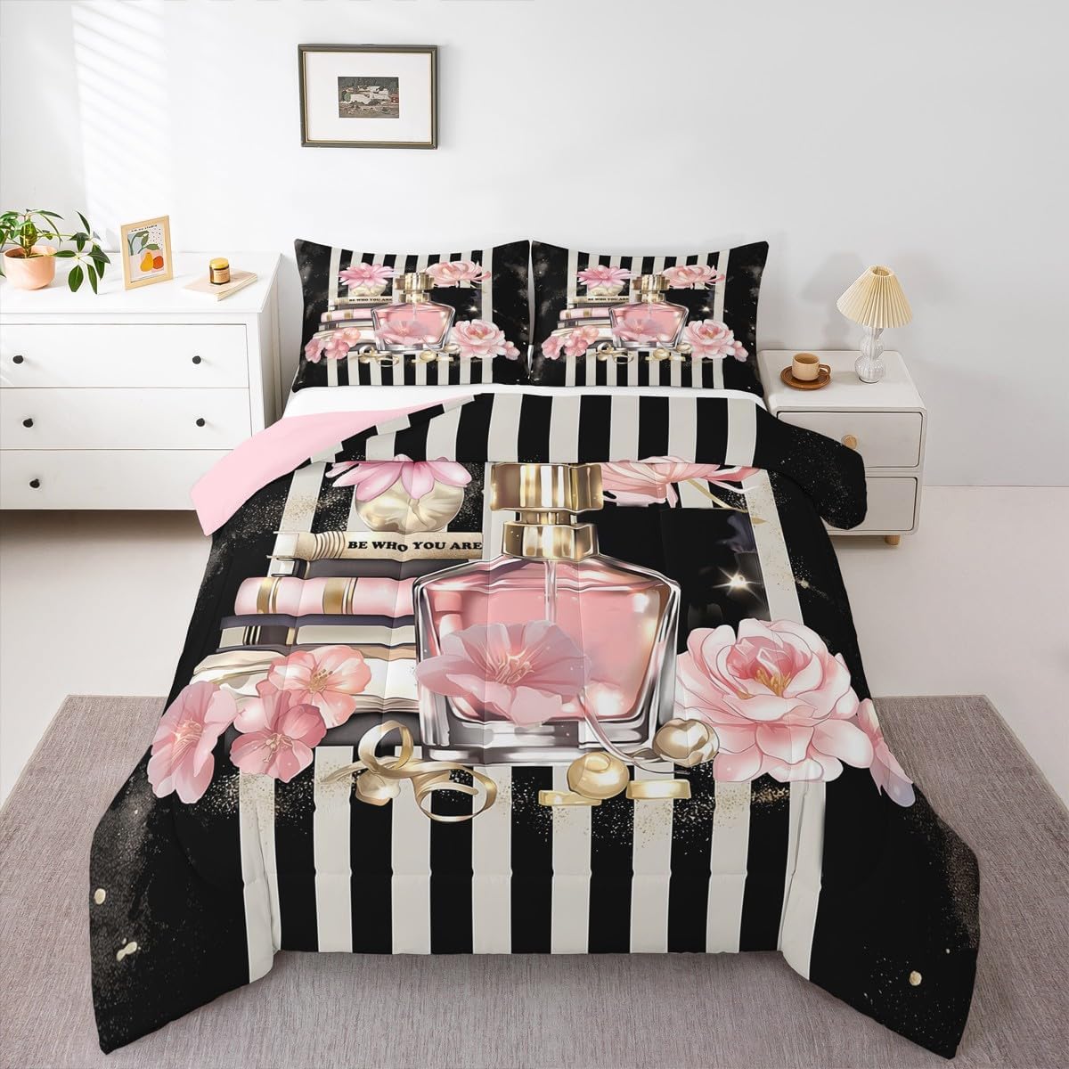 Fashion Pink Bedding Queen Size Modern Girly Black White Stripe Comforter Set, Women Pink Floral Bedding Comforter Sets Perfume Print Duvet Insert Romantic Makeup Themed Quilt
