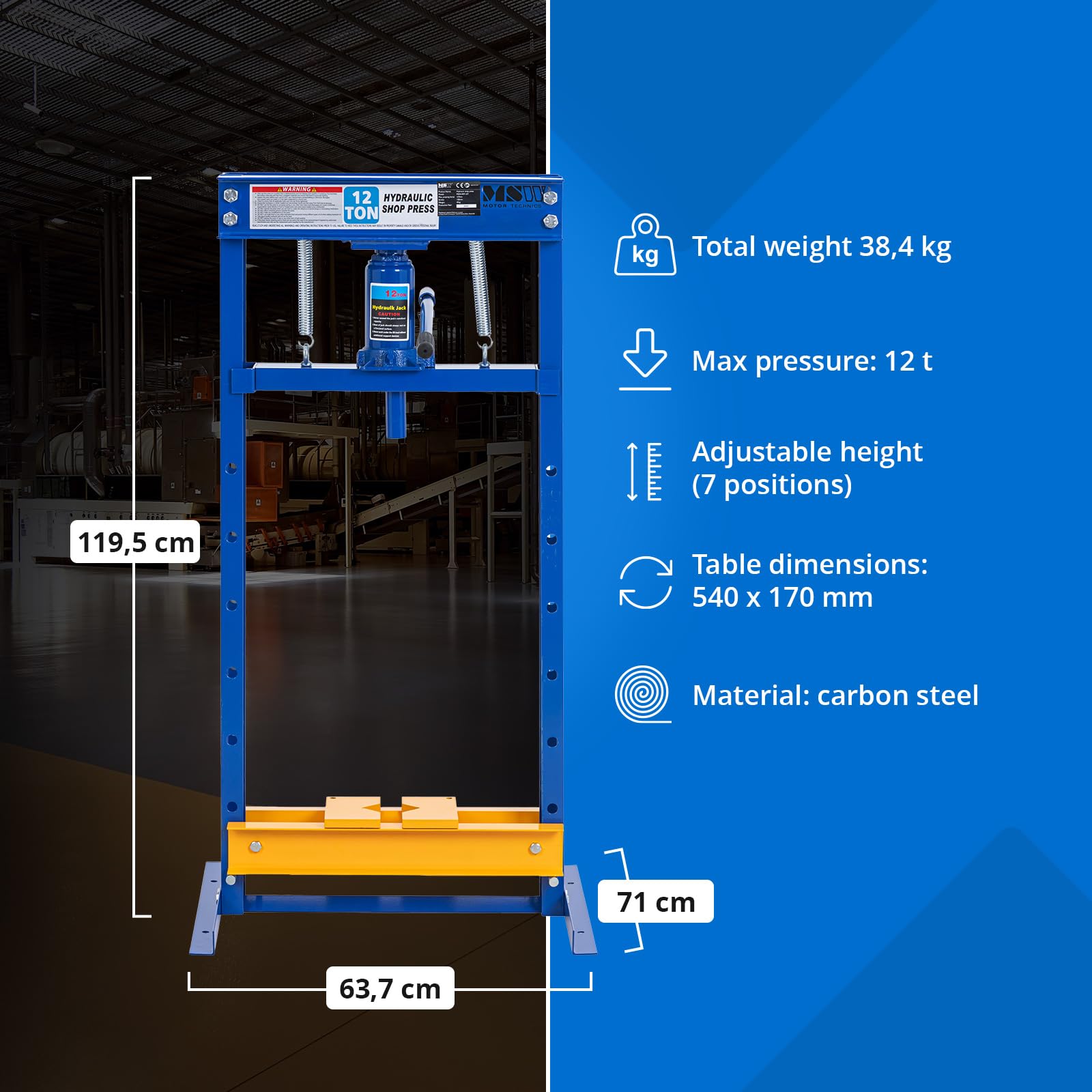 MSW - Prensa de taller de 12 t regulable en altura (7 posiciones), carrera: 130 mm, mesa: 540 x 170 mm, acero al carbono, prensa hidráulica, prensa hidráulica