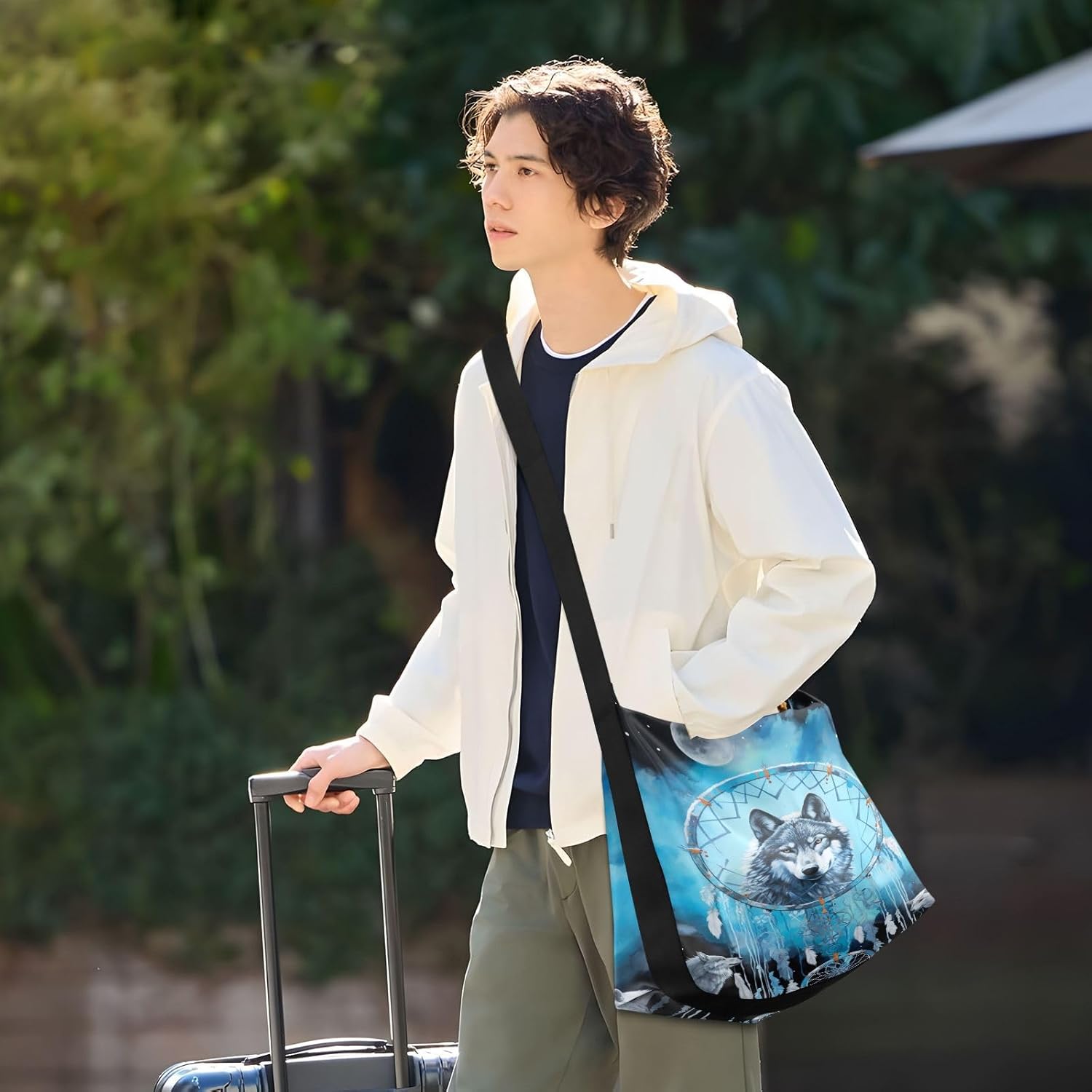 xigua Dream Catcher Wolf Shoulder Bag for Women Waterproof PU Leather Hobo Bags Crossbody Purse with Zipper Closure