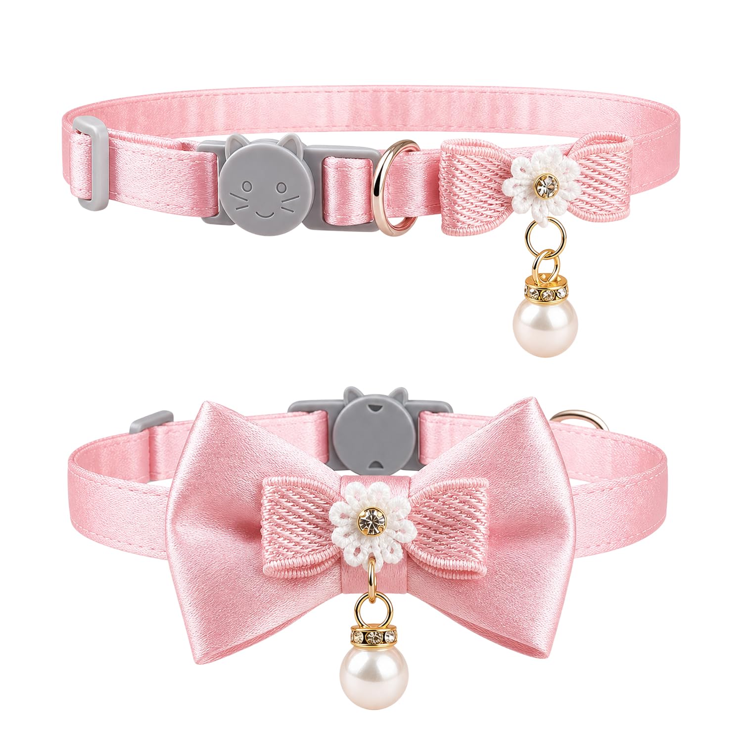 Pack de 2 Collares para Gatos Rosas - Collar para Gatitos Ajustable con Hebilla de Seguridad de Liberación Rápida y Lazo, Material Suave