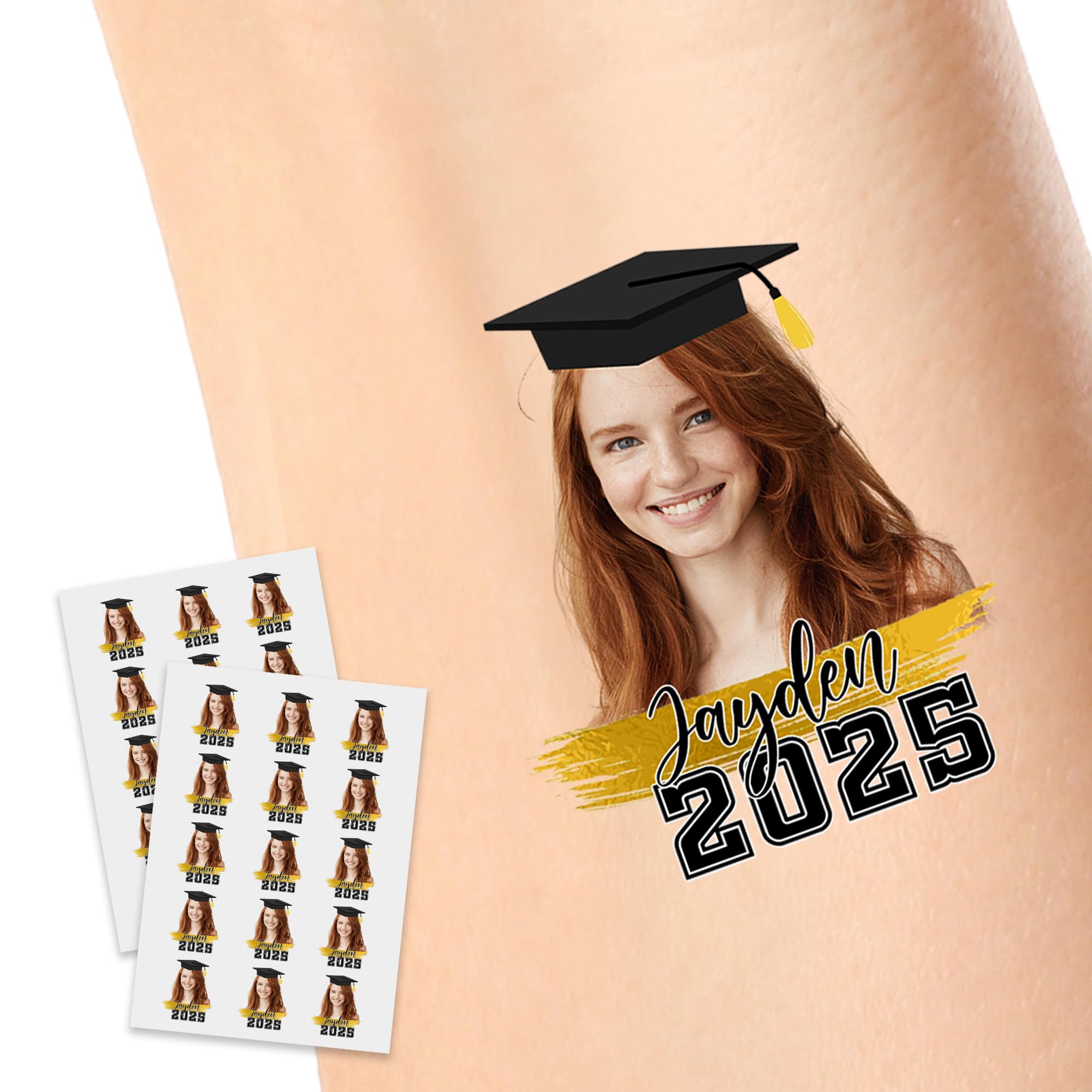 Custom Graduation Temporary Tattoos with Face Name Text, Personalized Tattoos Sticker with Face Graduation Cap Gift for Graduation Party Celebration
