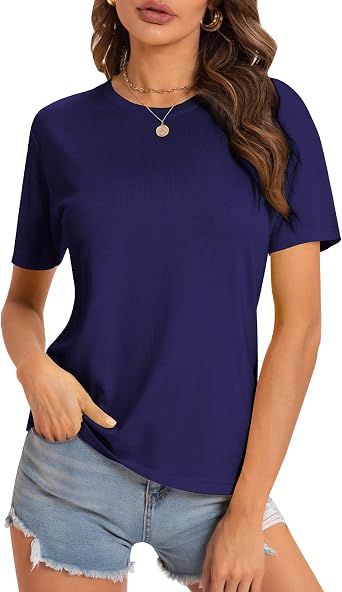 QUALFORT Womens Cotton Blend Crewneck/V NeckT-Shirt Soft Short Sleeve Casual Top