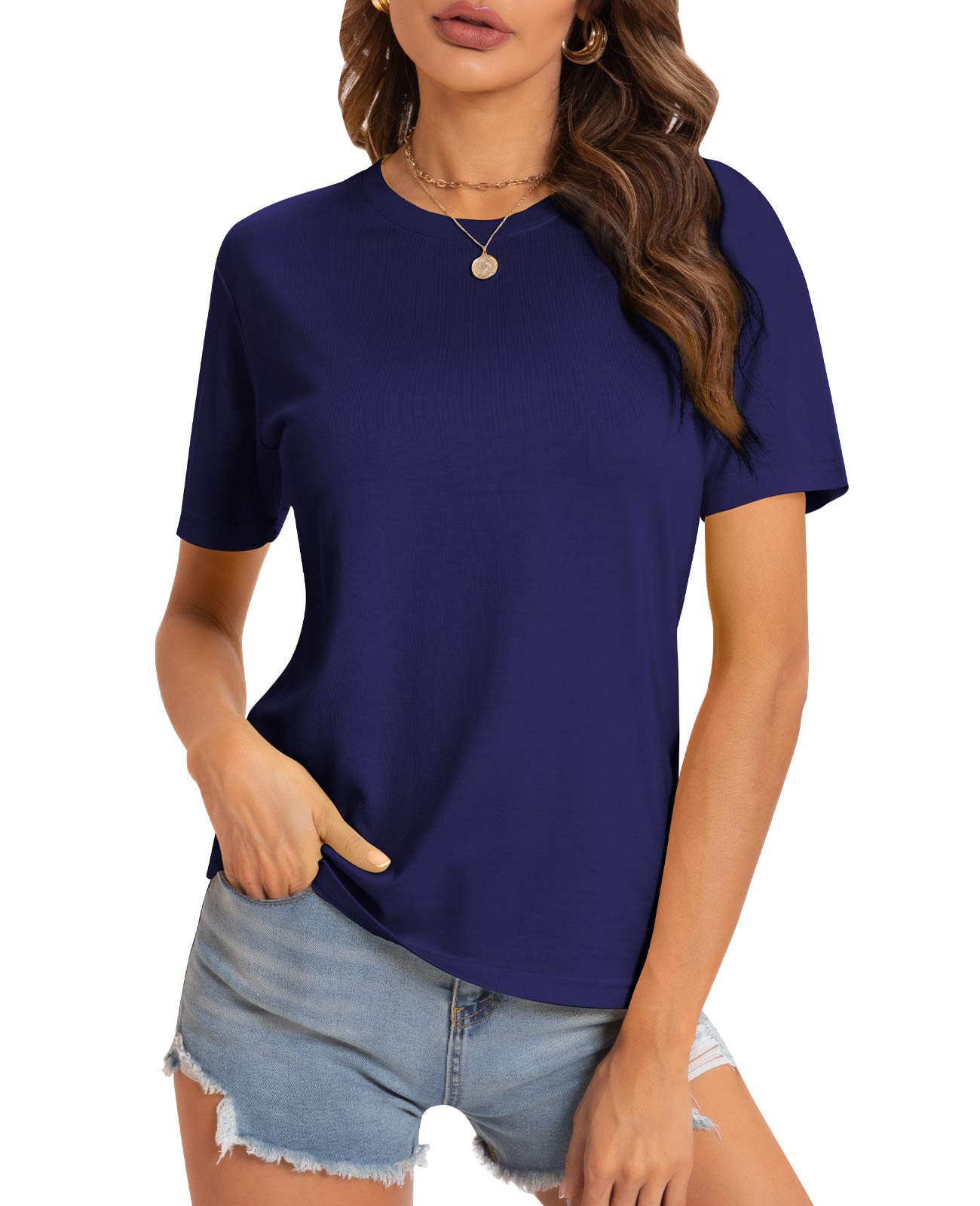 QUALFORT Women’s Cotton Blend Crewneck/V NeckT-Shirt – Soft Short Sleeve Casual Top