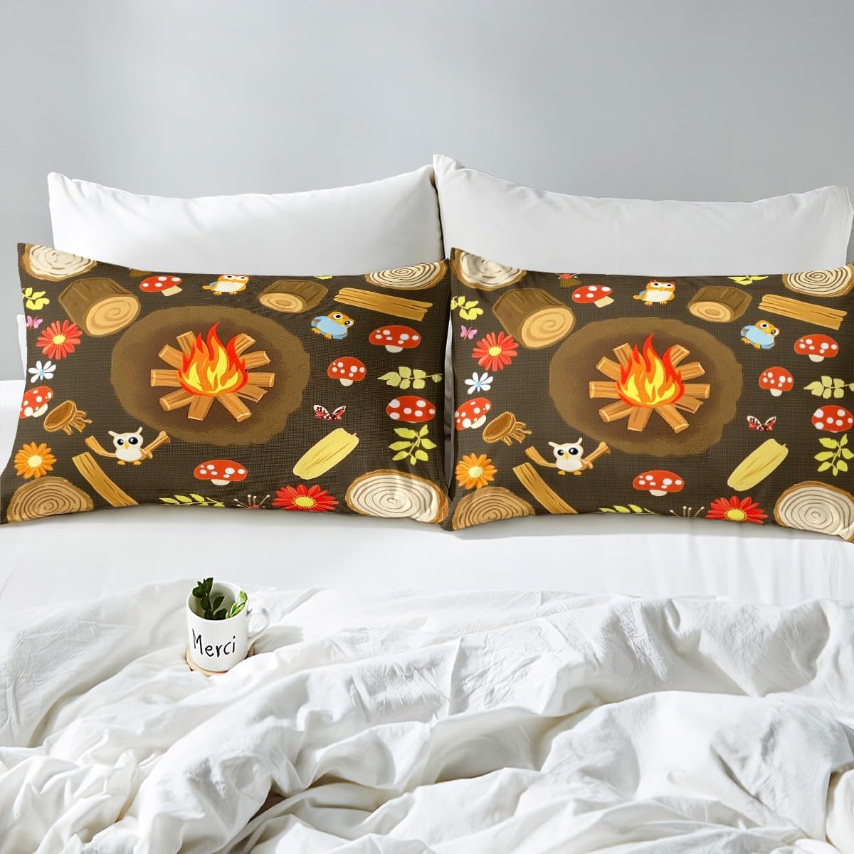 Erosebridal Campfire Bed Sheets Queen Size Tree Seats Fitted Sheet Cartoon Funny Owl Mushroom Bed Set for Kids Woodland Stump Brown Leaves Flowers Deep Pocket Bedroom Decor