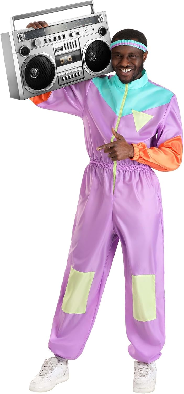 Retro 80s Purple Tracksuit Costume for Men - Windbreaker Jumpsuit & Headband Perfect for 80s Themed Parties - Image 2