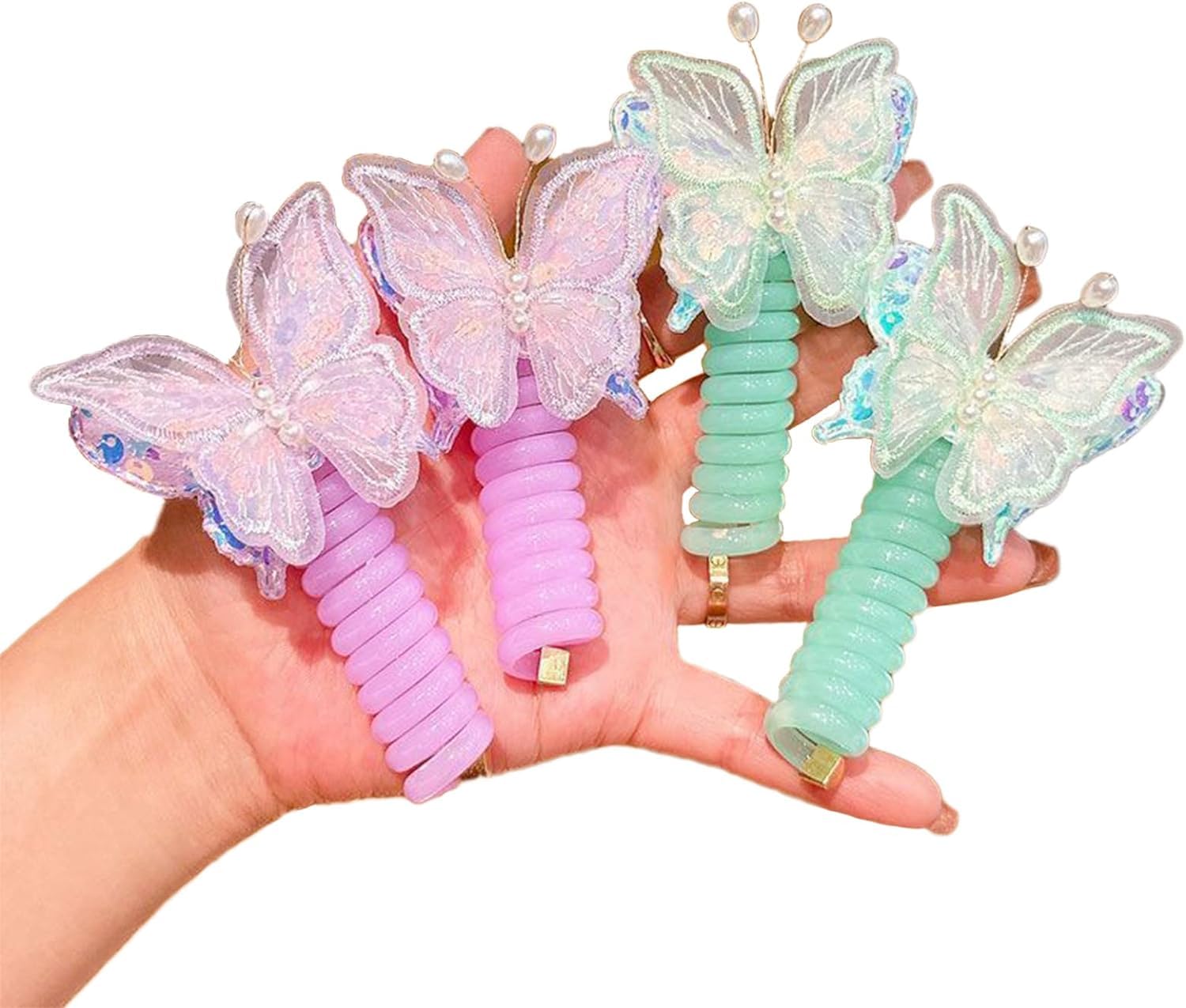 Butterfly & Colorful Telephone Wire Hair Bands For Girls, Colorful Telephone Wire Hair Bands, Spiral Hair Ties Phone Cord, Hair Coils Phone Cord Hair