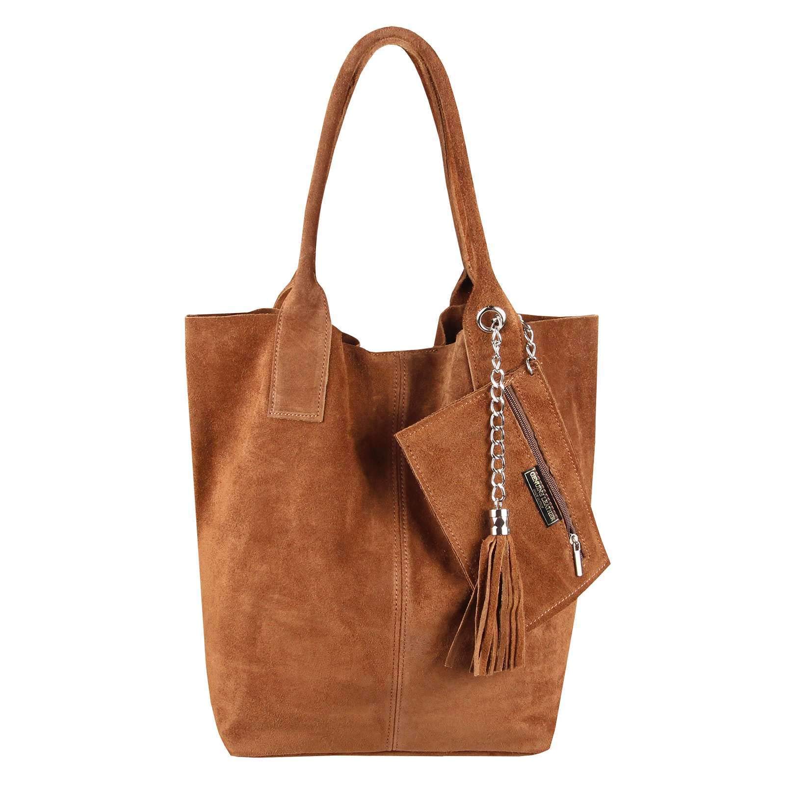 Made IN Italy Damen XXL Leder Tasche Wildleder Shopper Schultertasche + Schmucktasche