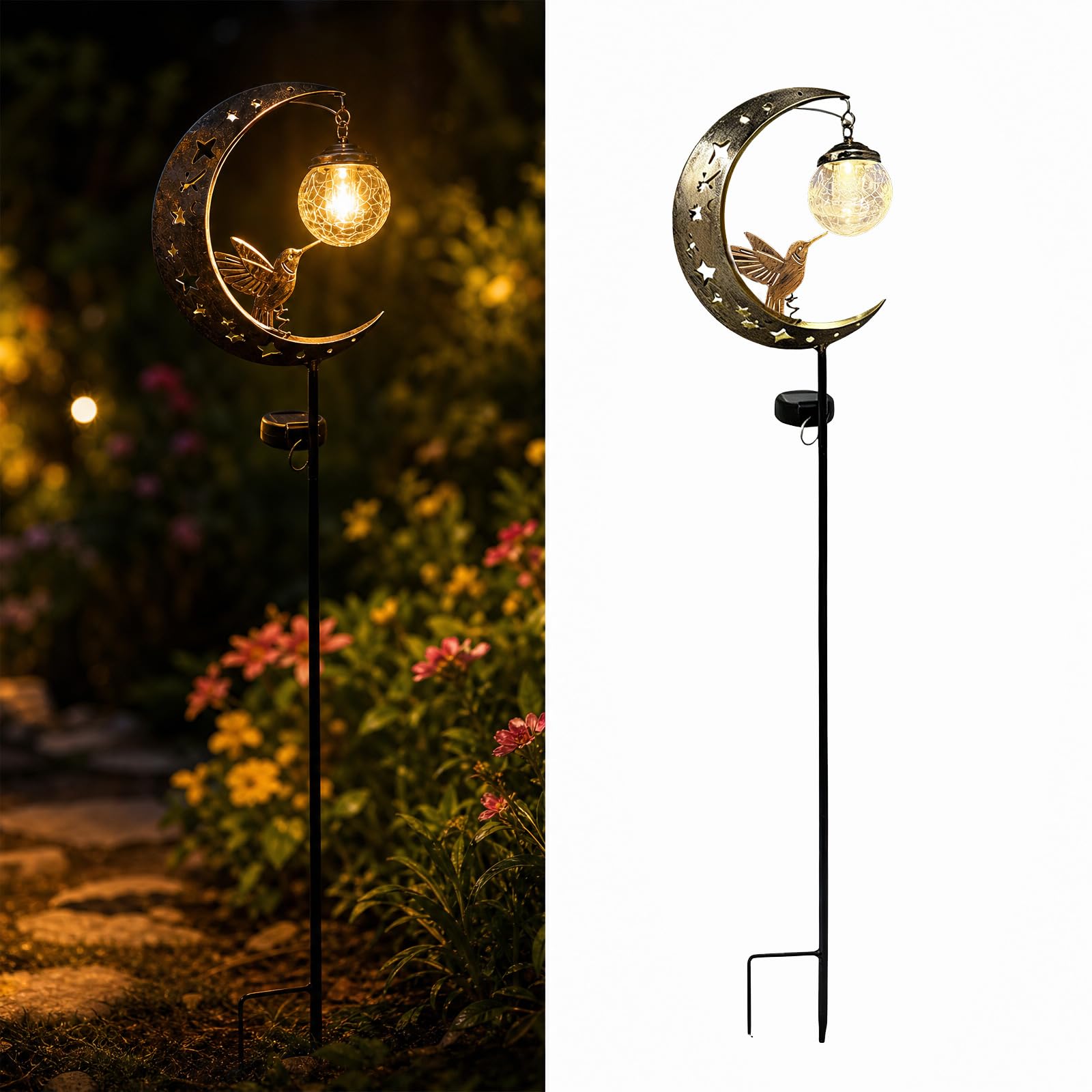 Hummingbird Moon Solar Garden Stake Light, Waterproof Solar Garden Statues with Bird, Half Moon LED Pathway Decor, Crackle Hanging Glass Globe Ball Metal Crescent for Outside Yard Patio Lawn Decor