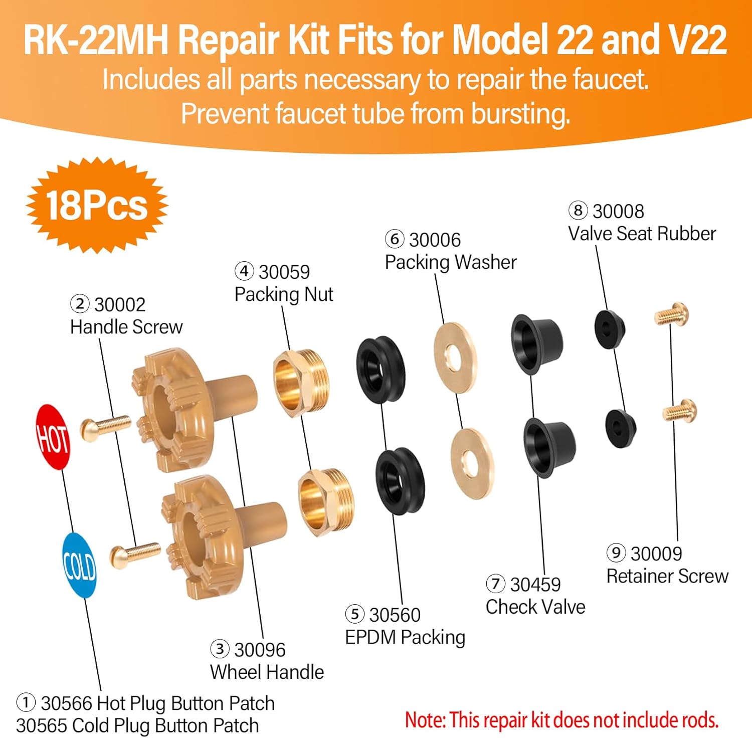 RK-22MH Repair Kit for Woodford Model 22 & V22 Outside Faucets, Complete Metal Handle Replacement Kit (18 Pieces), Outdoor Wall Faucet, Compatible with Hot & Cold Faucets, Frost-Proof, Prevents Leaks
