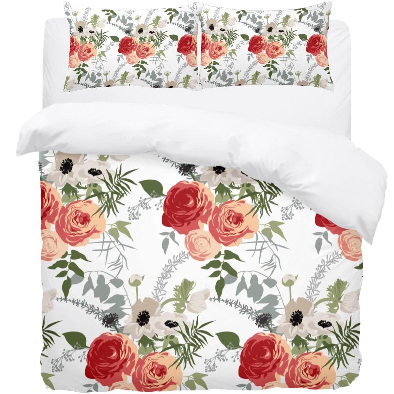 Linge de lit chic avec housse de couette fleurie rouge et rose et taies d'oreiller soignées