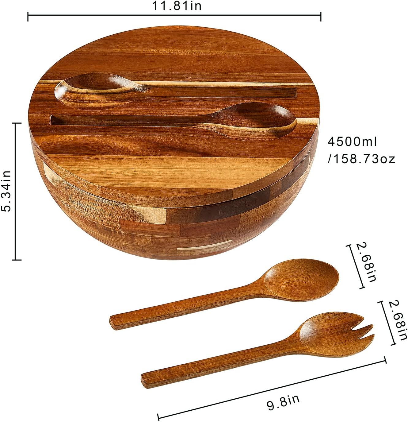 JOYMAY Salad Bowls Wood Salad Bowl Set with Lid 11.8 Inch Large Wooden Bowls Set Acacia Wood Serving-Bowl with Serving Utensils Bowl for Kitchen, Dining, Party - Image 6