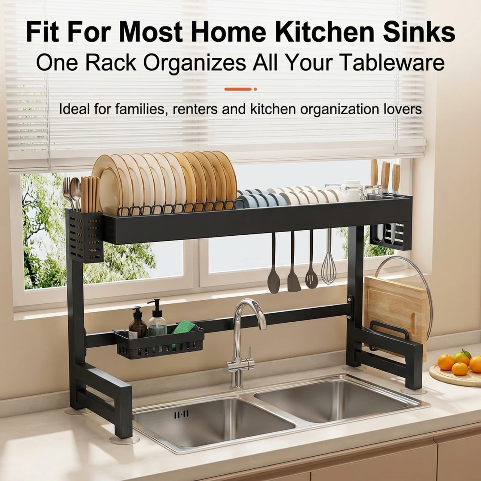 Escurreplatos de Acero sobre Fregadero, Estante Organizador de Cocina | Acero al carbono, Diseño extensible, Ahorro de espacio, Accesorios completos(Wit,105cm/41.3in)