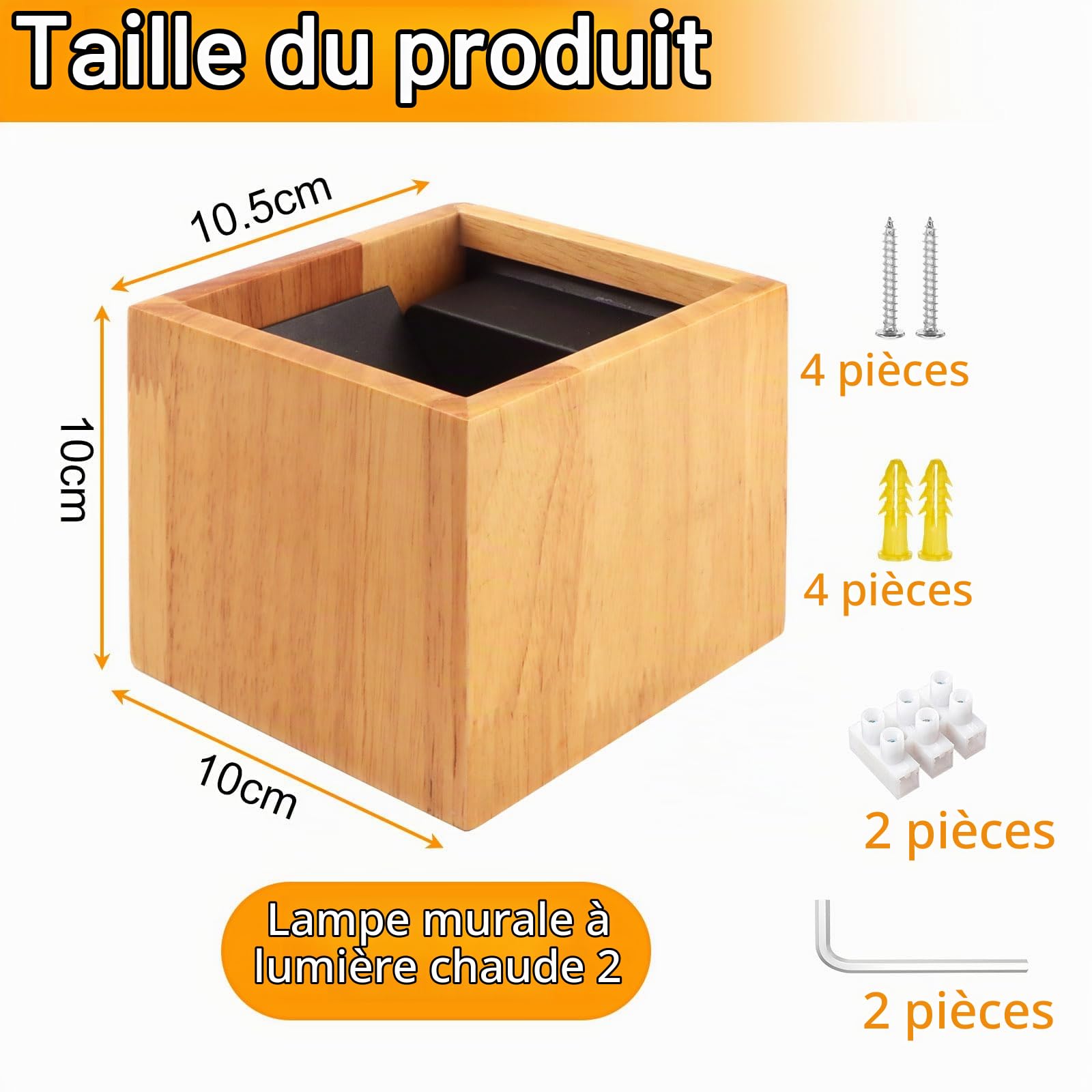 2Paire Applique Murale LED Intérieur 8W,Bois 3000K Carrée Blanc Chaud Décor