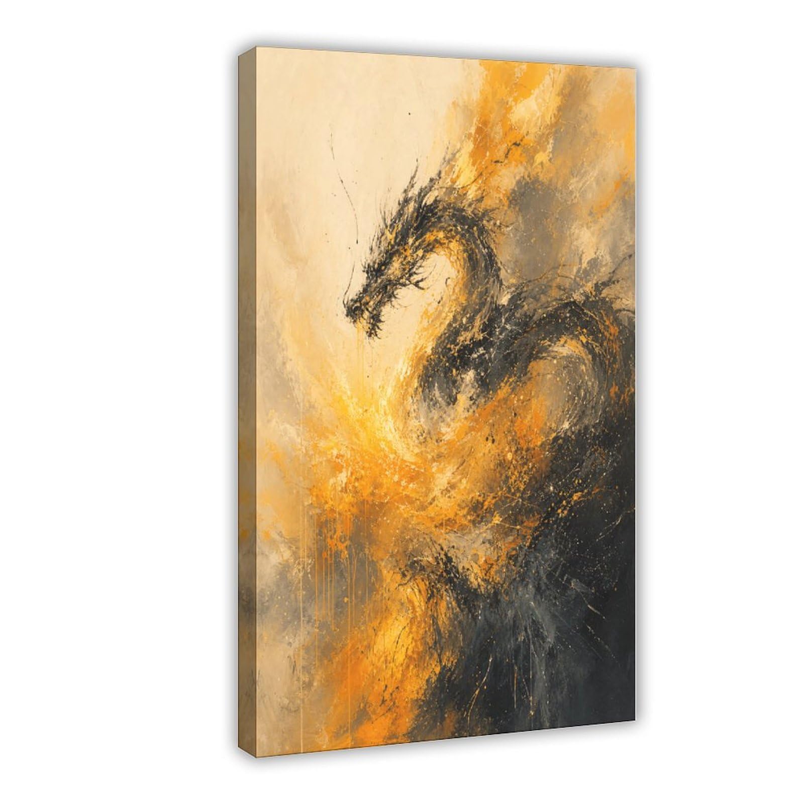 W7c8u2x3 Frame-Style-17 Black Dragon Flame Canvas Wall Art, Fantasy Illustration Dorm Decor