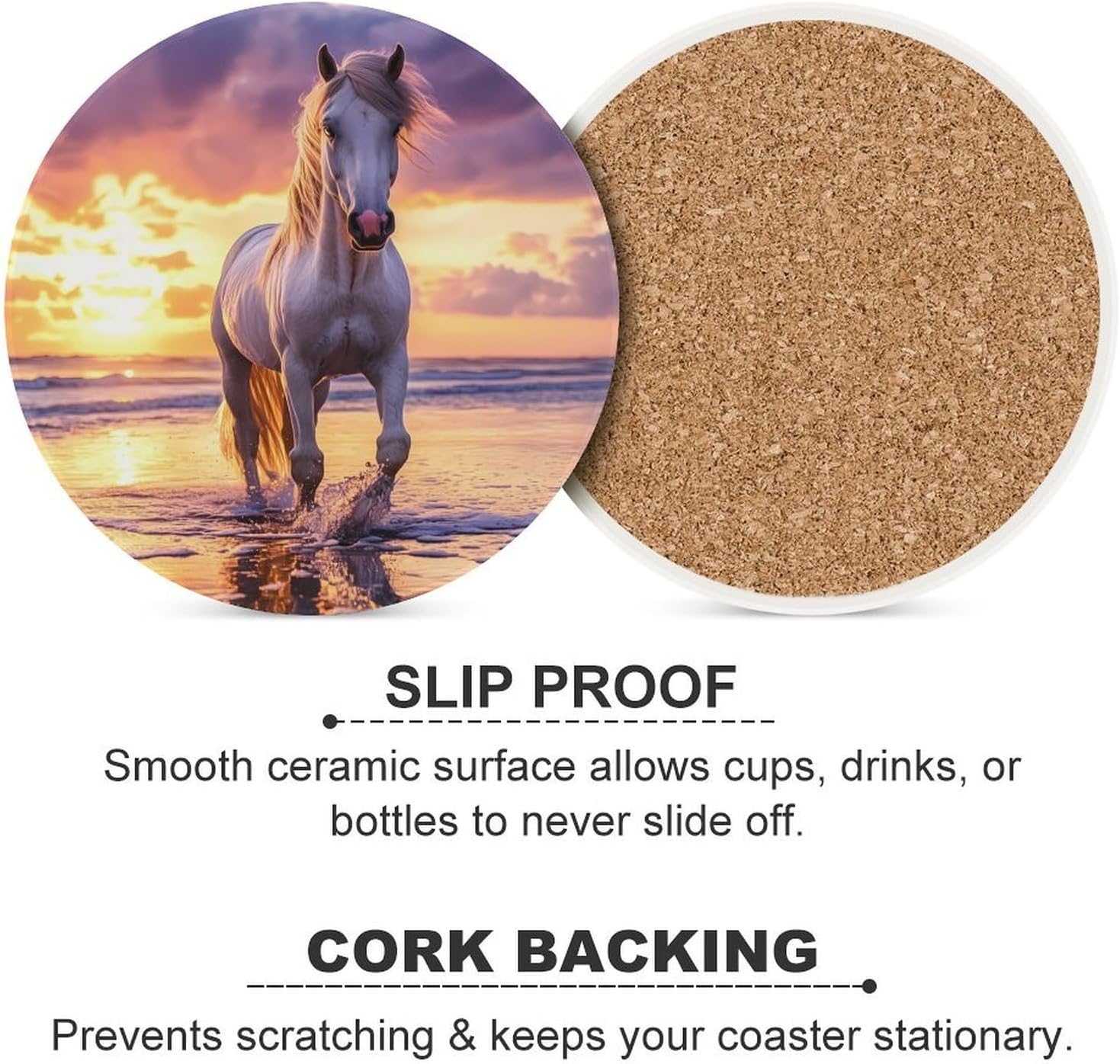 Horse with Long Hair Beach Sunset Round Ceramic Coasters Print Drinks Absorbent with Cork Base for Home Decor Gifts 4 Inch