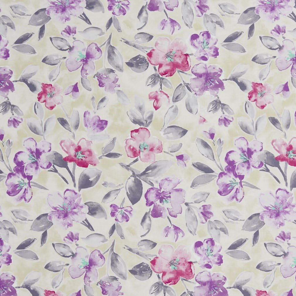 Grey and Purple Flowers and Leaves Print Upholstery Fabric by The Yard - SKU: Esther Berry