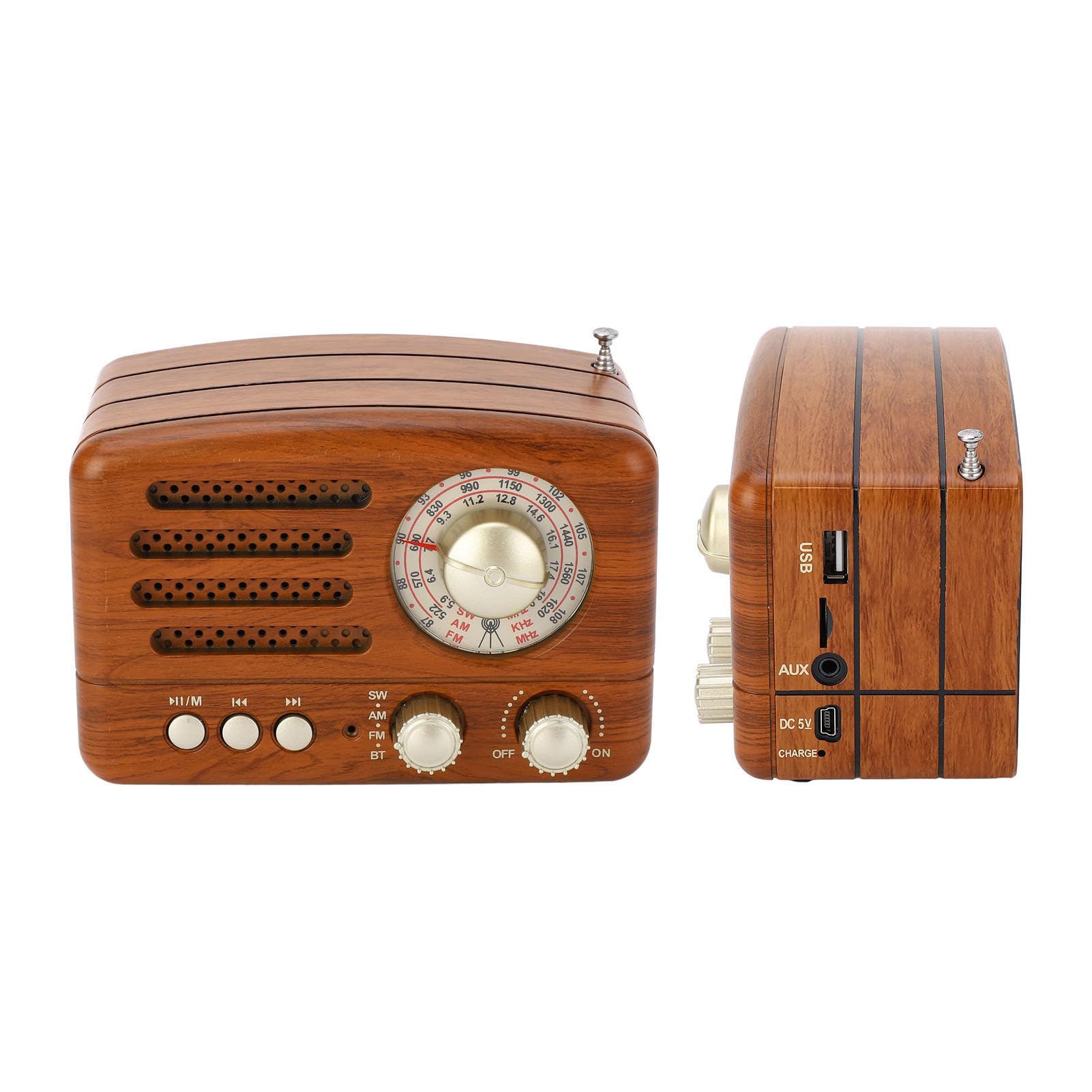 Radio AM FM vintage Altoparlante retrò portatile USB con antenna regolabile, batteria 1800mAh, legno