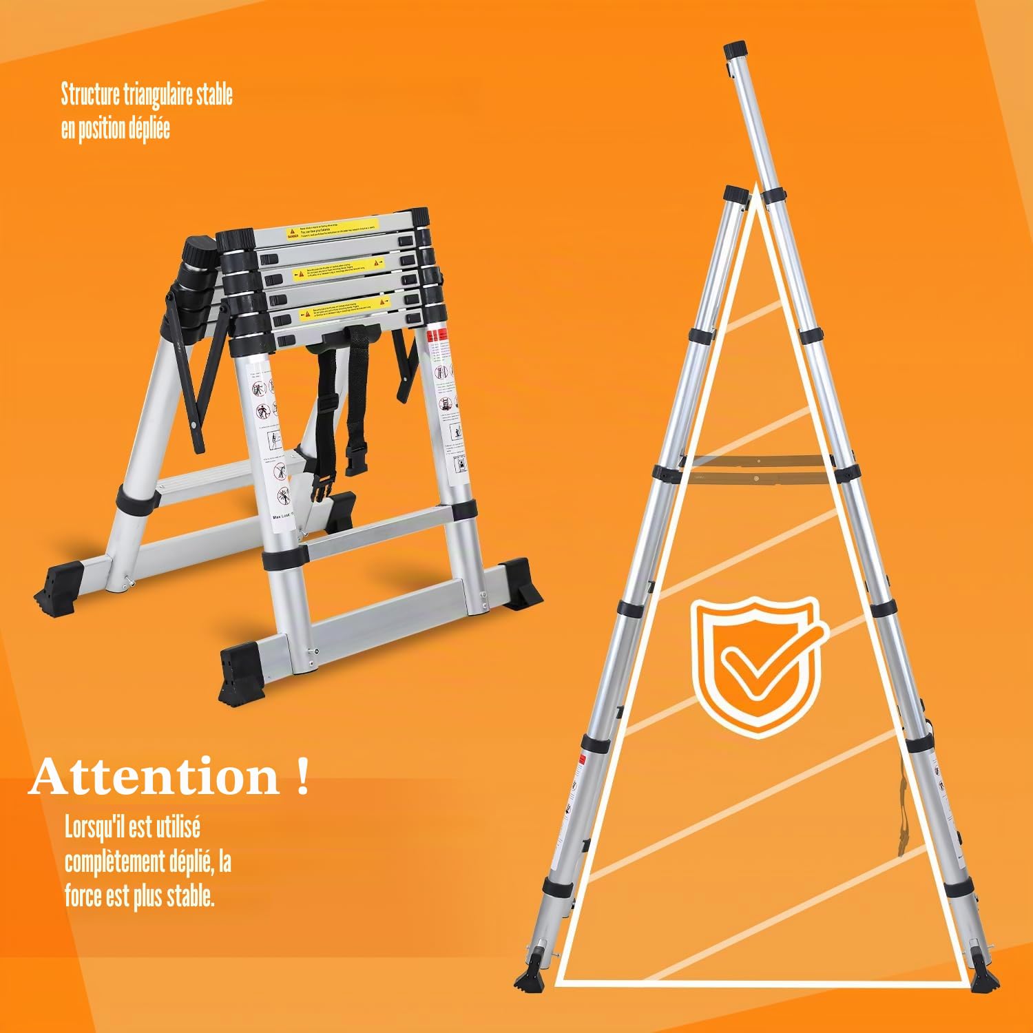 Eulenke Échelle Télescopique, escabeau telescopique 2+2,3m avec Barre stabilisatrice, echelle Pliante Cadre A 6+7 échelons en Aluminium, Charge maximale :150kg, echelle Multifonction Antidérapante