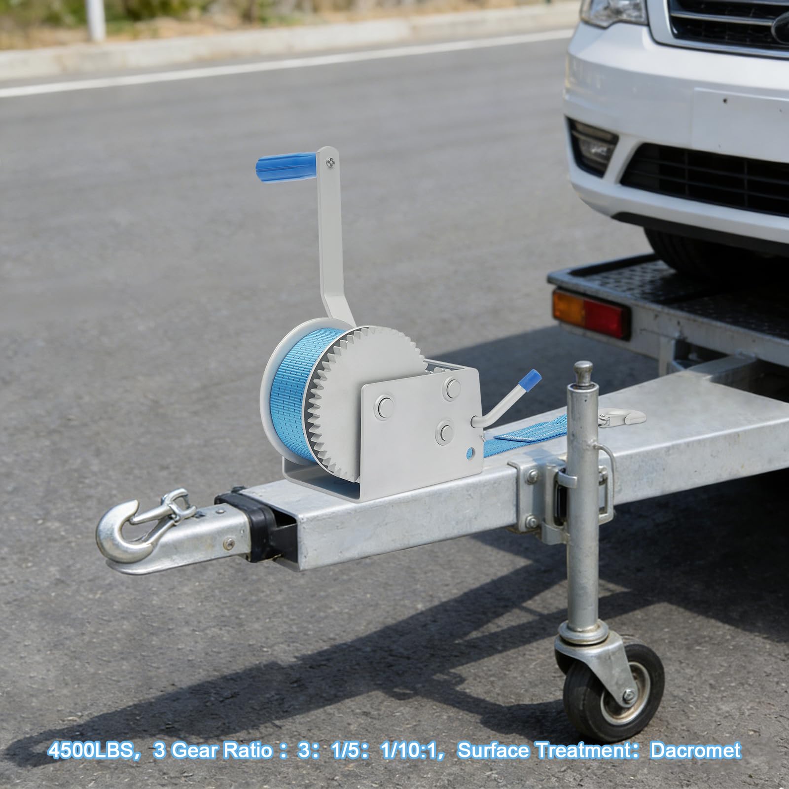 Cabrestante de mano con correa manivela manivela transmisión soporte 2041.17 kg fuerza de tracción 7.5 m cinta manual para remolque barco agricultura y salvamento todoterreno