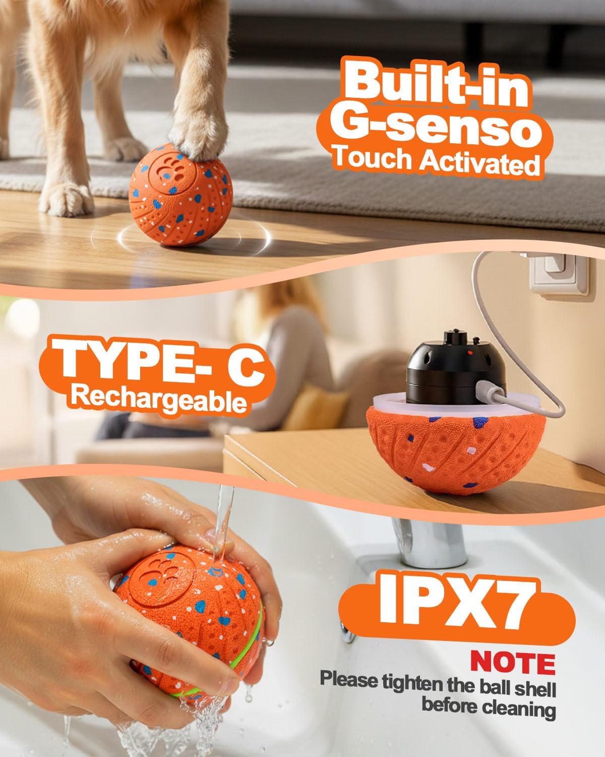 Interactive Dog Toy Balls, E-TPU Automatic Rolling & Bouncing Dog Balls with Lights, Type-C Rechargeable IPX7 Waterproof Dogs Ball, Great Gift for Medium & Large Dogs