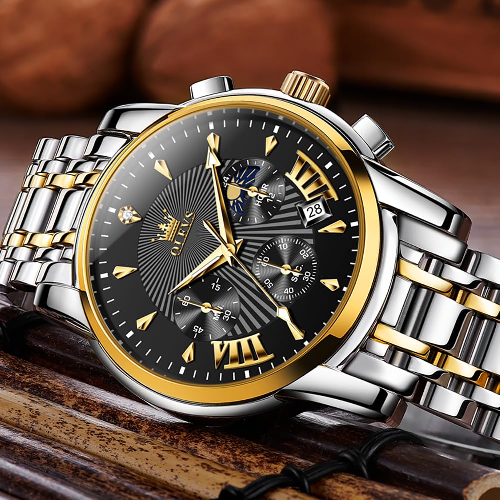 OLEVS Watches for Men Luxury Analog Quartz Big Face Stainless Steel Multifunctional Waterproof Date Two Tone Fashion Dress Wrist Watches for Man