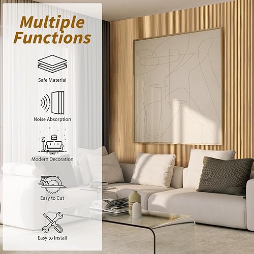 Miniatura 4 de Paneles de pared de madera acústica de 4 piezas para pared y techo, paneles de pared de listones de madera estriada 3D para decoración de pared