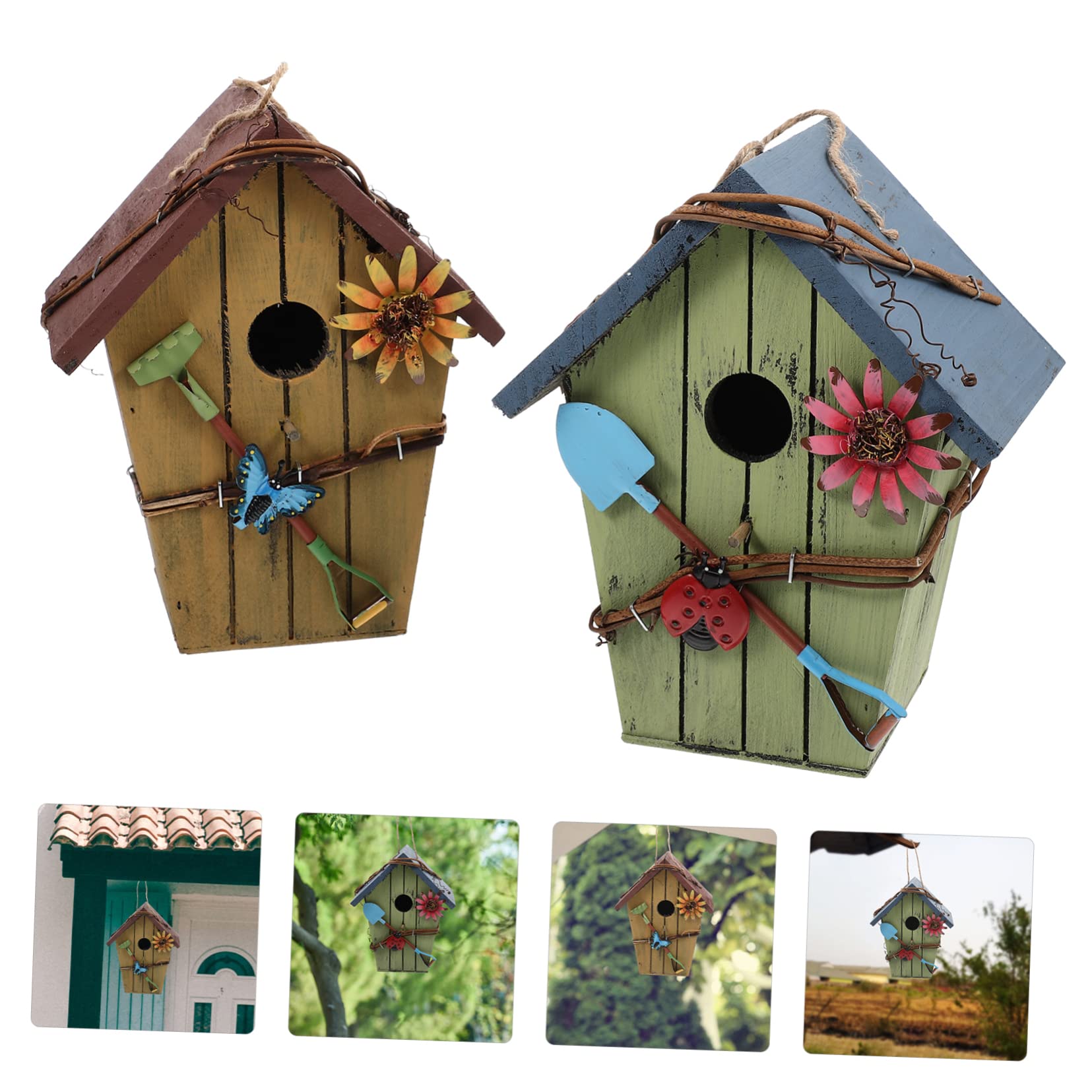 TOYANDONA Casetta per Uccelli in Legno a Forma di Casa, 2 Pezzi | Pappagalli e Uccelli Gialli, Uso Interno e Outdoor, Decorazione Artigianale Sospesa