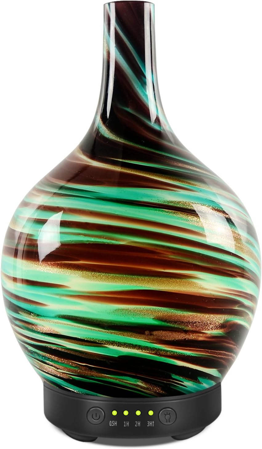 Essential Oil Diffuser Art Glass Vase Fragrance Ultrasonic Cold Fog Humidifier 7 color LED Lamp and Water Free Automatic Closing 4 time Set Office Family Bedroom Baby Room Study Yoga (art vase-1)