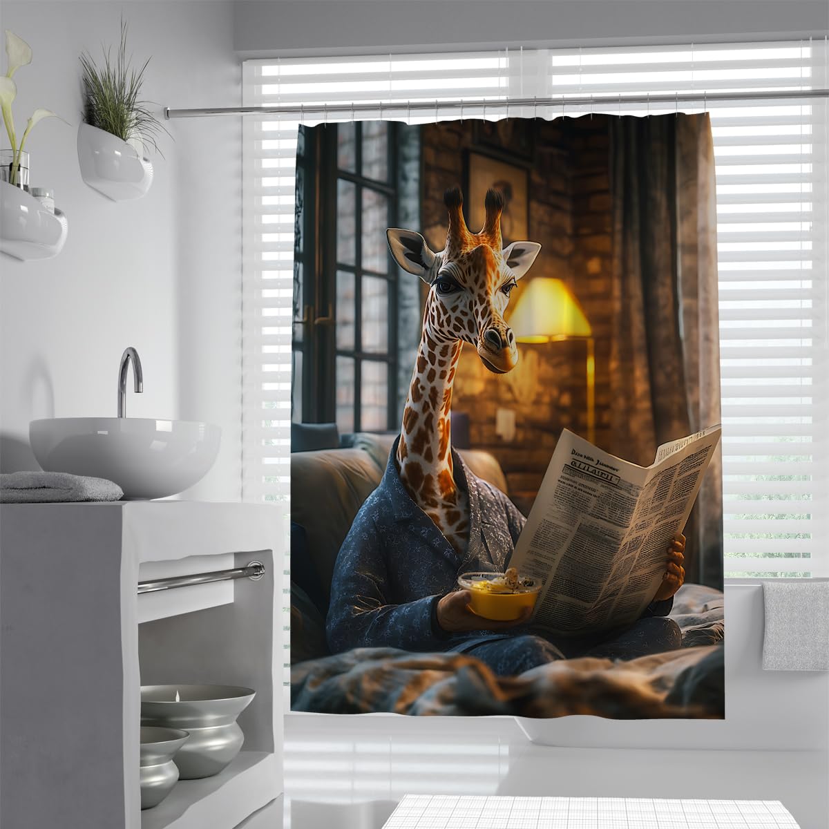 UIRINGART Funny Giraffe Bath Curtains W120xL180cm Quick Dry Anti Mould Cute Safari Animal Pyjamas Reading Newspaper Design Fabric Bathroom Screen Rustproof Grommets Tub Liners