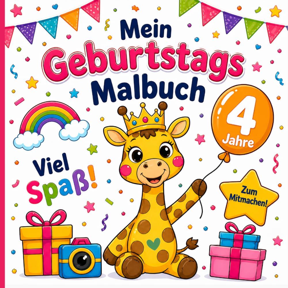 Malbuch 4. Geburtstag Kinder – Mitmachbuch zum Ausmalen, Eintragen & Gestalten: Geschenk zum 4. Geburtstag für Mädchen und Jungen – Kreatives ... Beschäftigung für den Kindergeburtstag