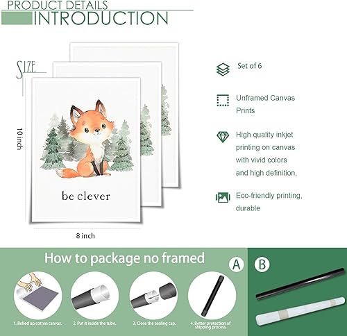 Miniatura 6 de gooptyinh Arte de pared en lienzo de animales del bosque para guardería, 6 pósters de impresión inspiradores de animales del bosque, citas