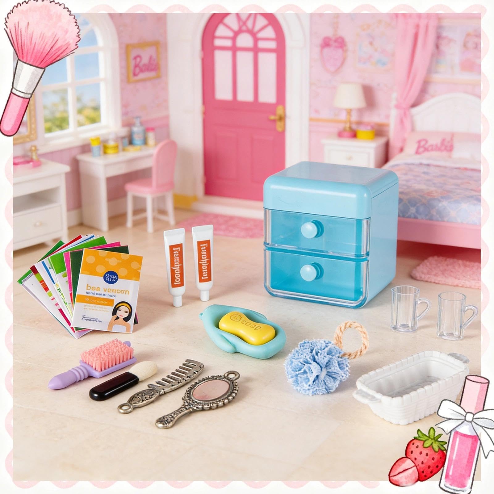 72 szt. domek dla lalek mini etui do przechowywania biżuterii torebka ręcznik zestaw kosmetyków akcesoria łazienkowe szczoteczka do zębów szampon perfumy suszarka do włosów grzebień torebka dekoracja