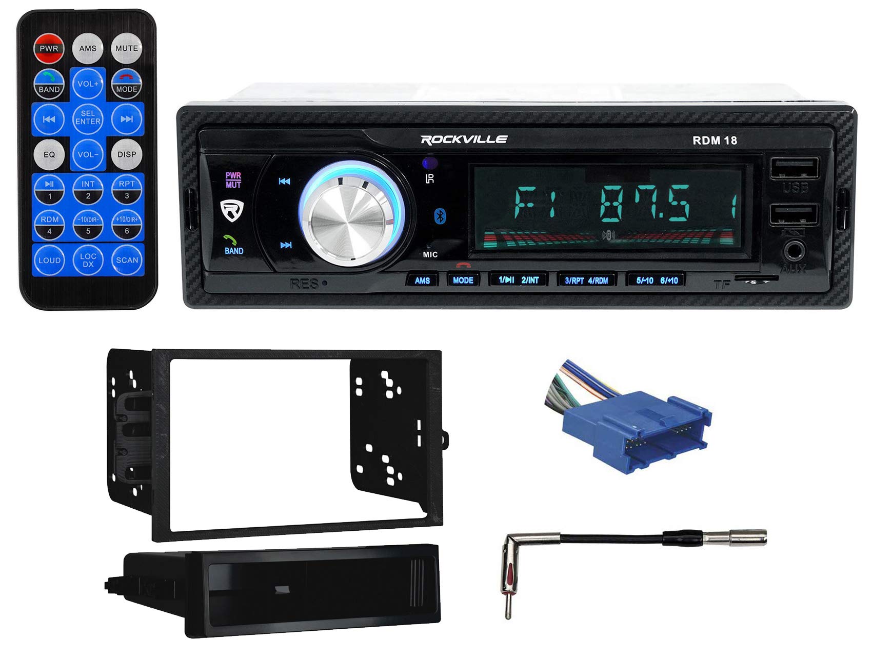 Audiosavings Bundle: Rockville RDM18 V2 in-Dash Car Digital Media Bluetooth USB/SD Receiver Bundle with CD Player Mount Multi kit, 70-2001 Wire Harness kit & 40-GM10 Radio Antenna Adaptor (4 Items)
