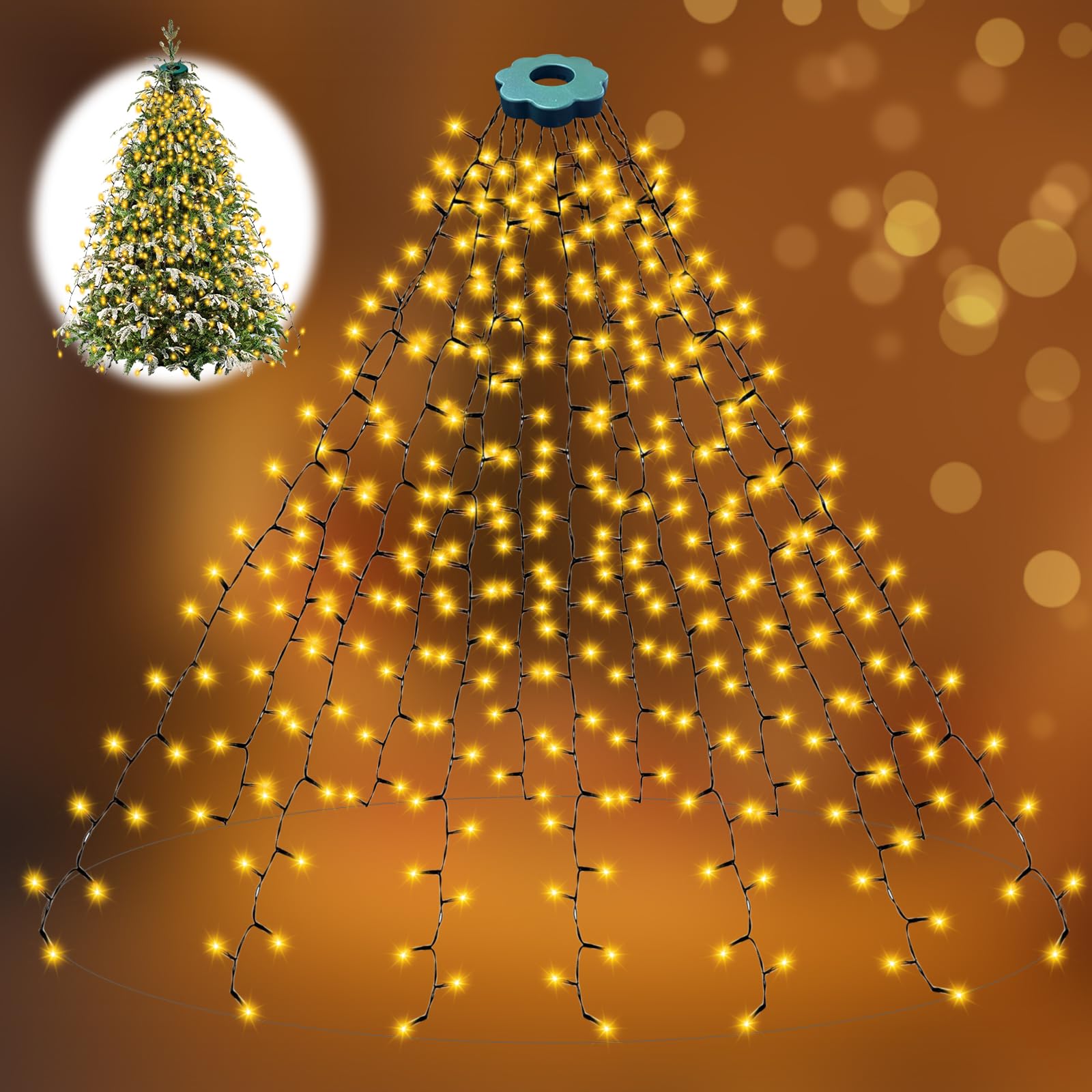 Christmas Tree Lights, 6.6FTx16 Lines 400 LEDs Outdoor Christmas Tree Lights with Ring,8 Modes,Timer Memory Function,IP65 Waterproof Waterfall Fairy String Lights for 150cm,180cm,210cm,240cm Fir Trees