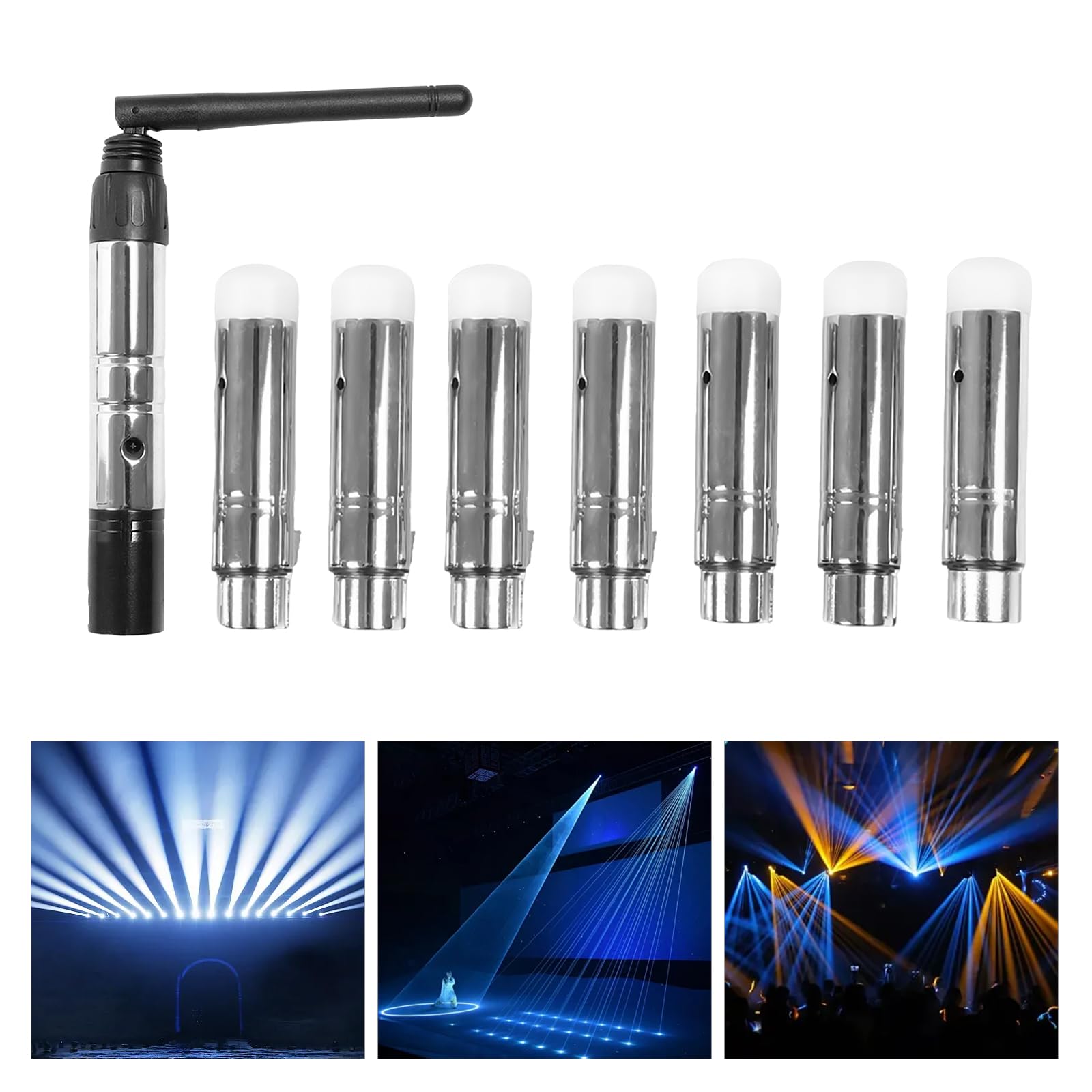 DMX512 zestaw radiowy 1 nadajnik, 7 odbiorników 2,4 GHz, 126 kanałów, zasięg 400 m, 32-bitowy ARM GFSK, modulacja LED, oświetlenie sceniczne, sterowanie światłem scenicznym, stop Zn, czarny, srebrny
