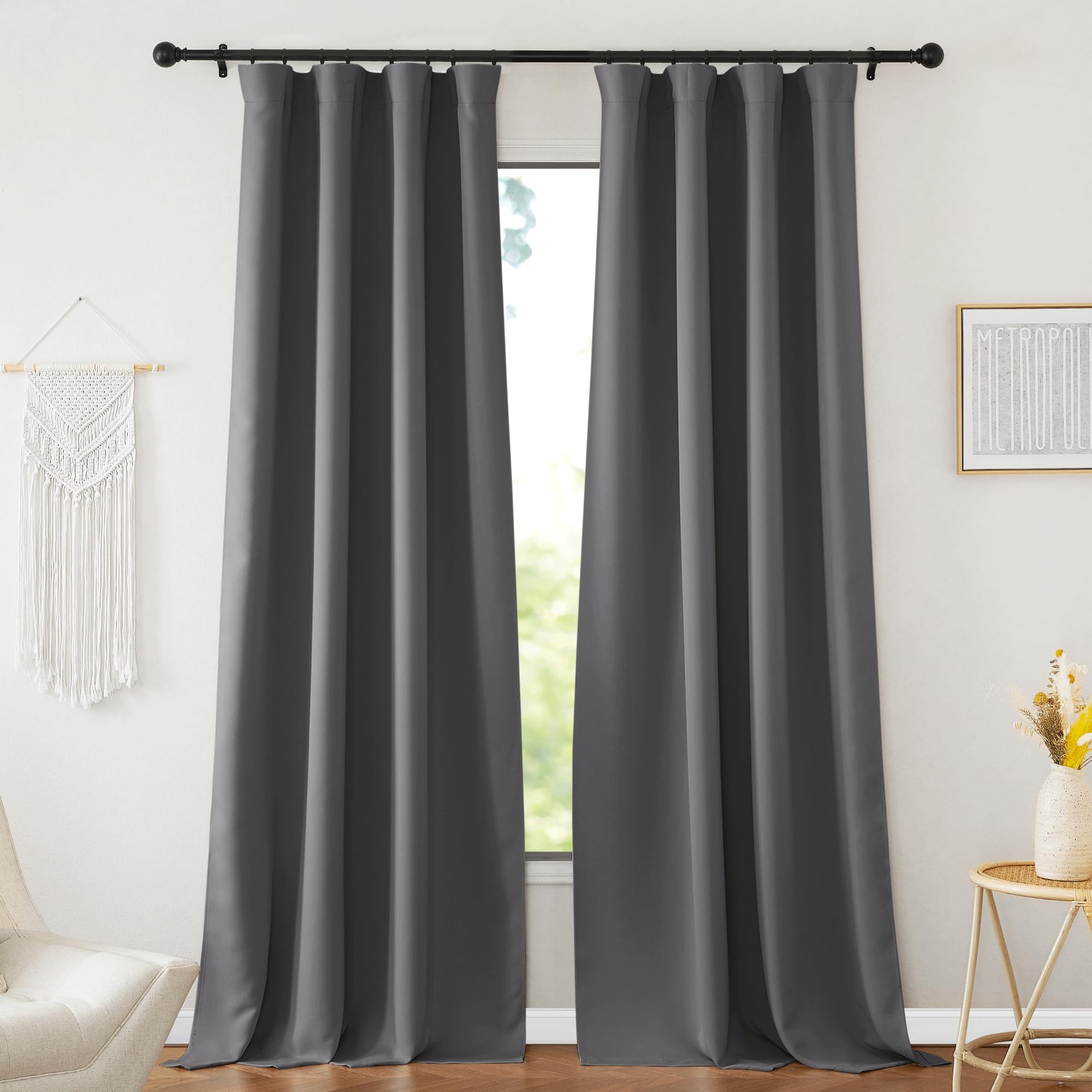 NICETOWN Grey Blackout Curtains 108 inches Long for Living Room, Pinch Pleated Room Darkening Noise Reducing Thermal Extra Long Drapes Window Treatment for Bedroom, W52 x L108, 2 Panels