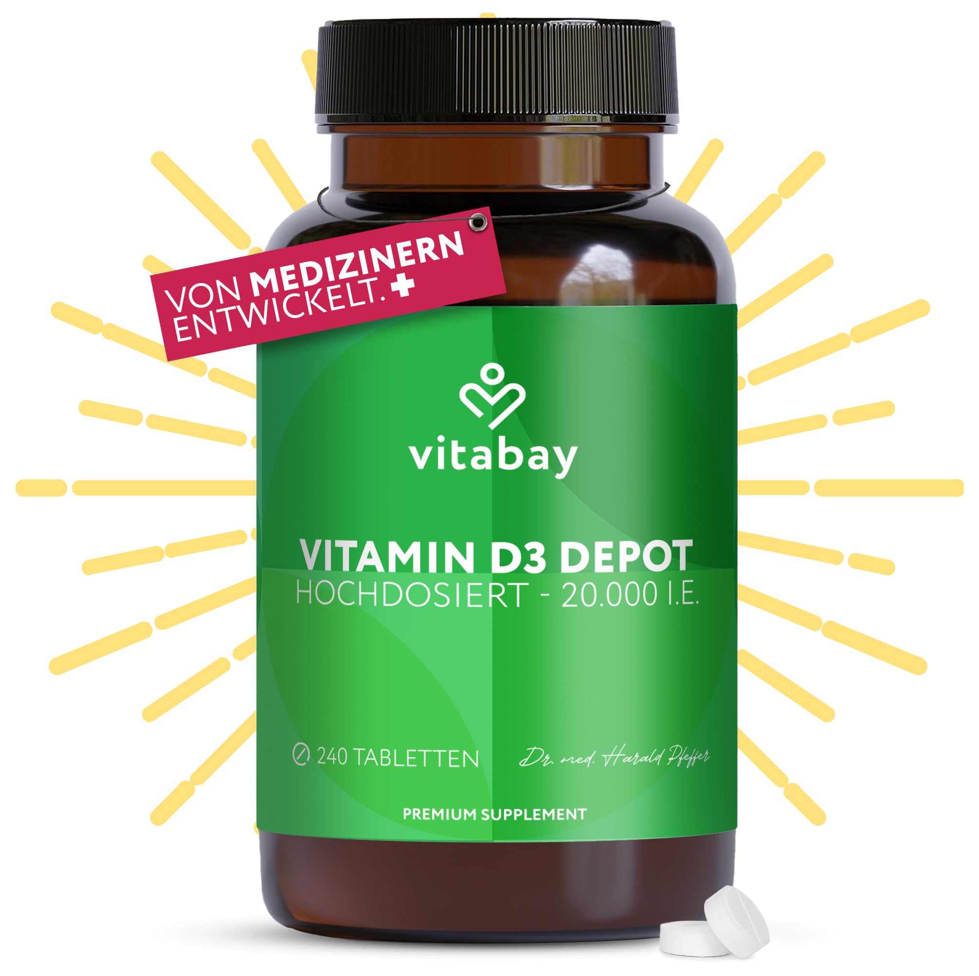 Vitabay Vitamin D3 Depot 20.000 I.E. - 240 Vegane Tabletten Hochdosiert & Vegan - ohne unerwünschte Zusätze - Trägt zur Unterstützung des Immunsystems und zur Erhaltung normaler Knochen bei