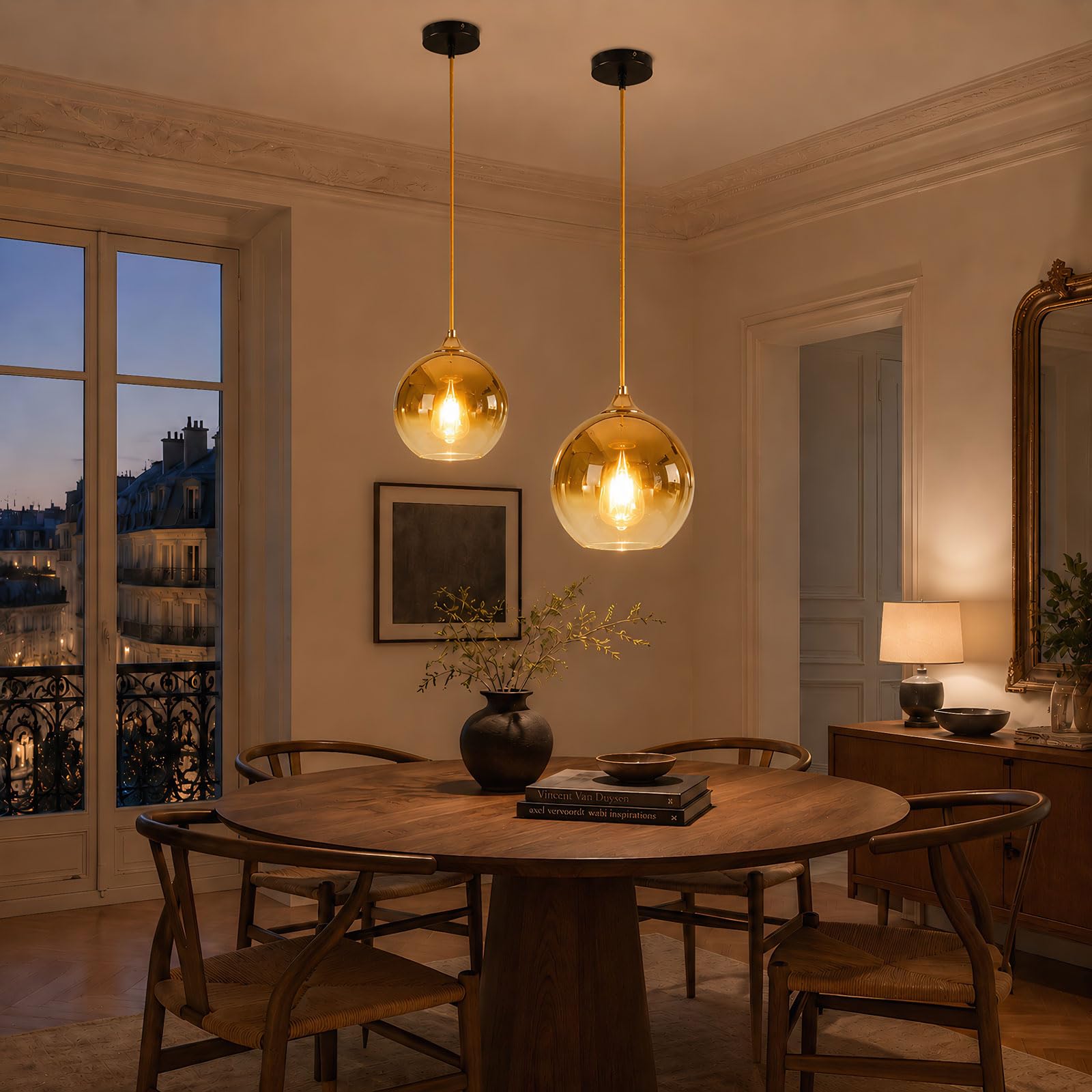 Lampada a Sospensione in Vetro Vintage Globo in Vetro Sfumato E27 Cavo Intrecciato Regolabile 150cm Lampadario a Sospensione per Isola Cucina Sala da Pranzo Camera Caffè (Dorato, 25cm)