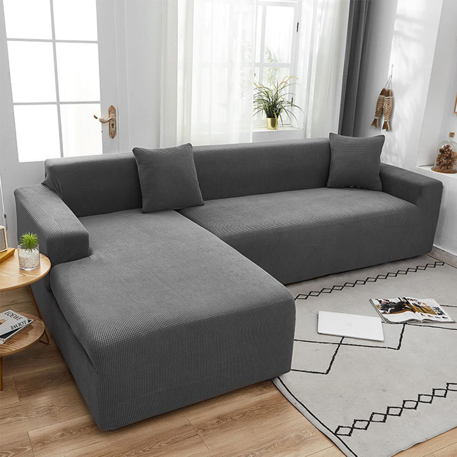 Housse de canapé extensible jacquard gris foncé 3 places pour salon moderne