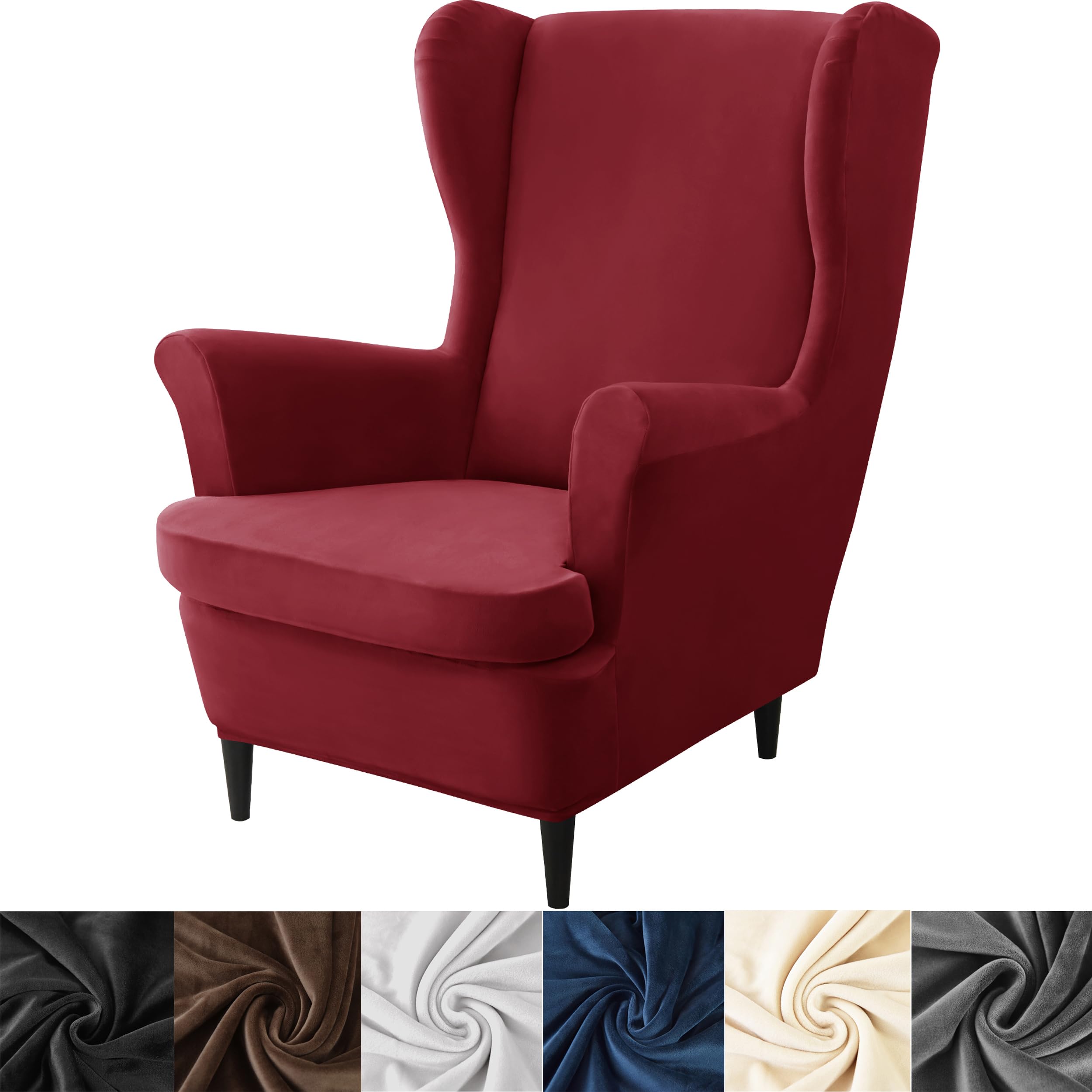 HFCNMY Wingback Chair Covers, 2 Piece Stretch Velvet Wingback Chair Slipcover-Thick Wing Back Chair Covers with Arms-Wing Chair Slipcover-Wing Back Chair Slipcovers with Elastic Bottom Red
