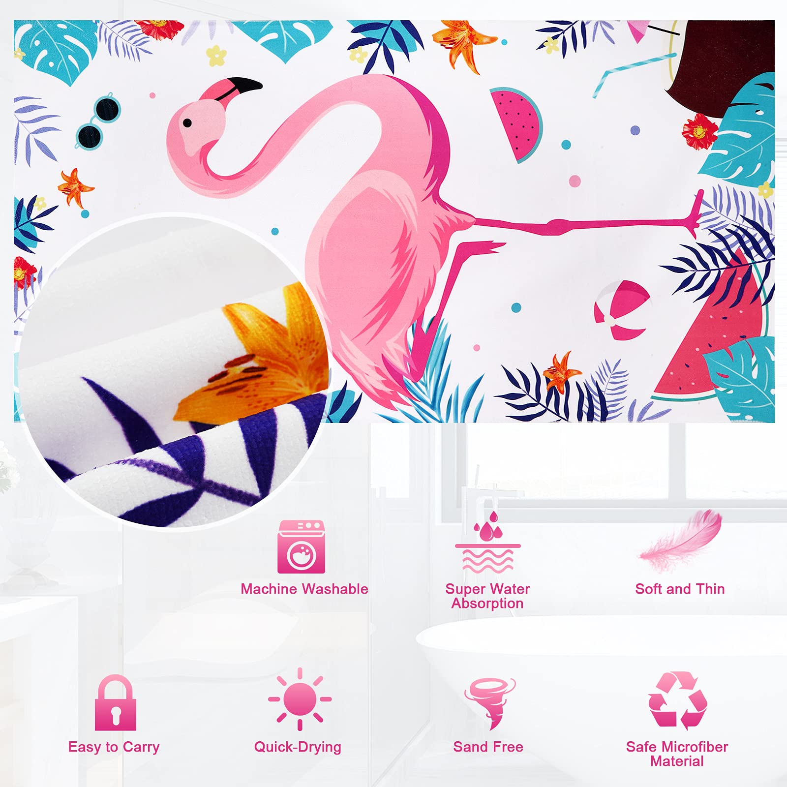 Cromcu Oversized Flamingo Beach Towel 32"x52" - Microfiber, Quick-Dry, Sand-Free Pool & Bath Towel For Adults & Travel - View #10