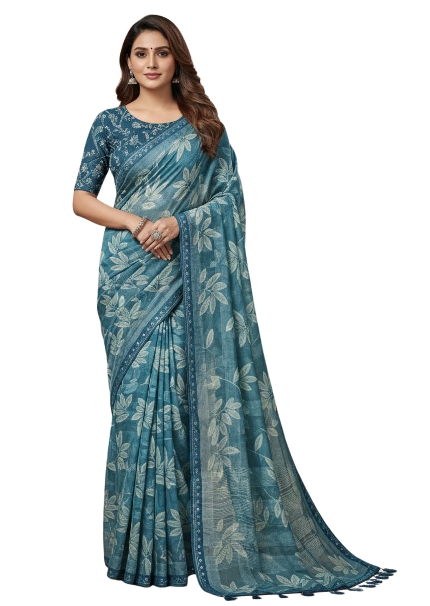 Women’s Floral Printed Synthetic Saree with Blouse Piece Elegant Lightweight Casual Wear Saree-image-23