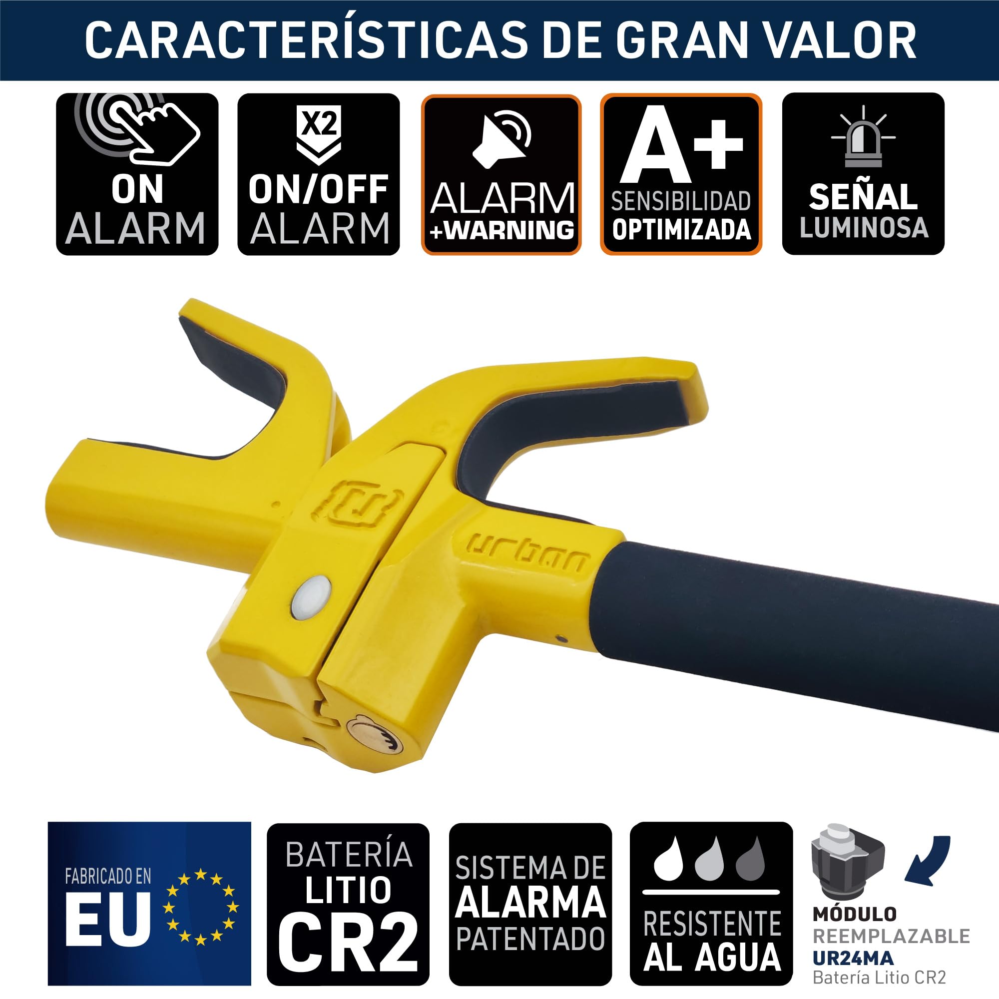 URBAN UR978Y Antirrobo Coche Doble Seguridad, Barra Volante Sin/Con Alarma Hi-Tech 120dB+LED Más Seguro y Visible, Bloqueo Automático, Patentado, Cepo Coche Universal Auto SUV Camper Autocaravana