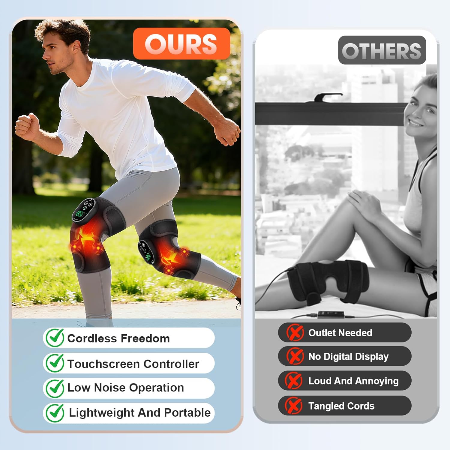 Cordless Knee Heating Pad - 6 Heating Levels, 3 Vibration Modes, Adjustable Timer, 3-in-1 Heated Wrap for Shoulder, Elbow, Knee - Men & Women (Black(pair))