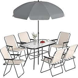 Outsunny Conjunto de Mesa y Sillas Jardín de 8 Piezas, Muebles de Jardín Exterior con Sombrilla, 6 Sillas Plegables, Mesa de Vidrio Templado, para Terraza, Patio, Crema